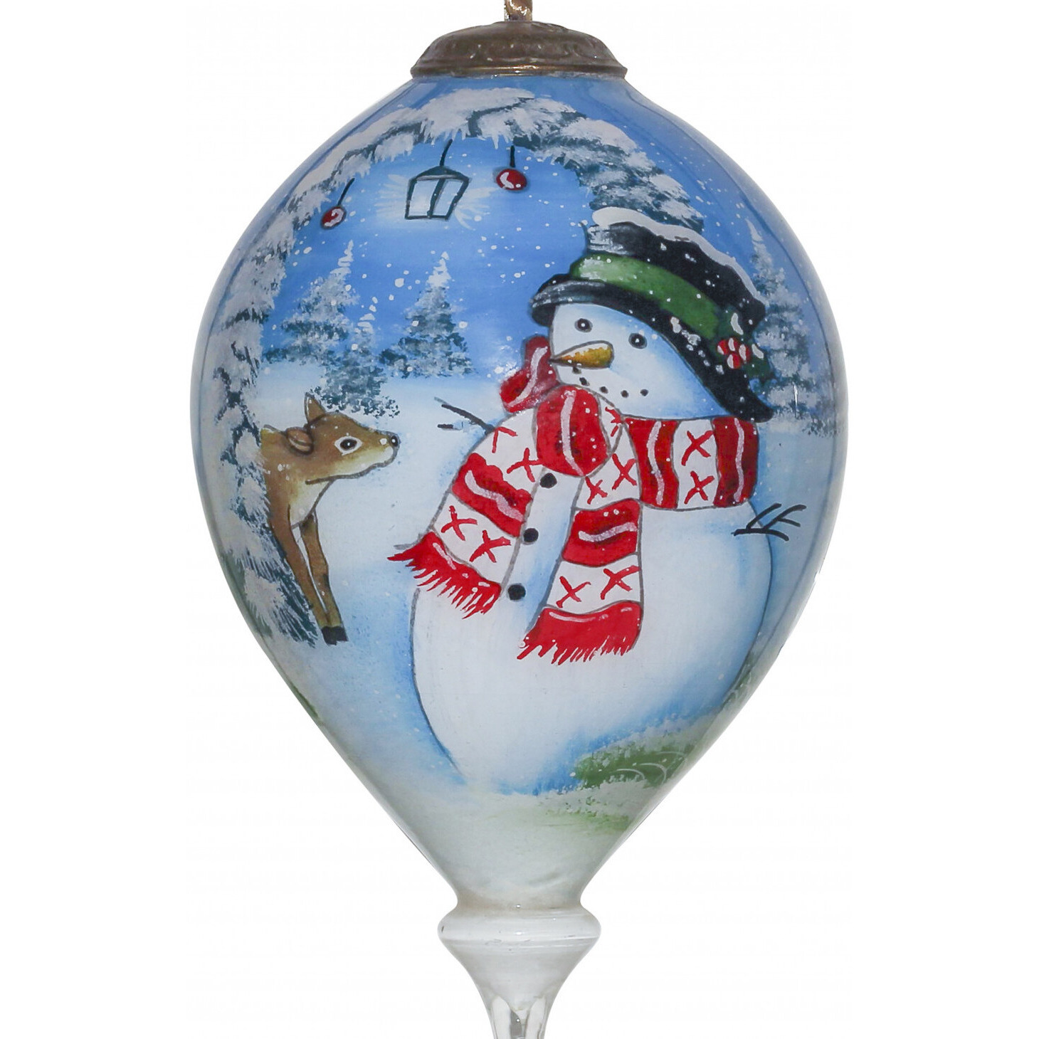 Adorable Snowman And Deer Hand Painted Mouth Blown Glass Ornament