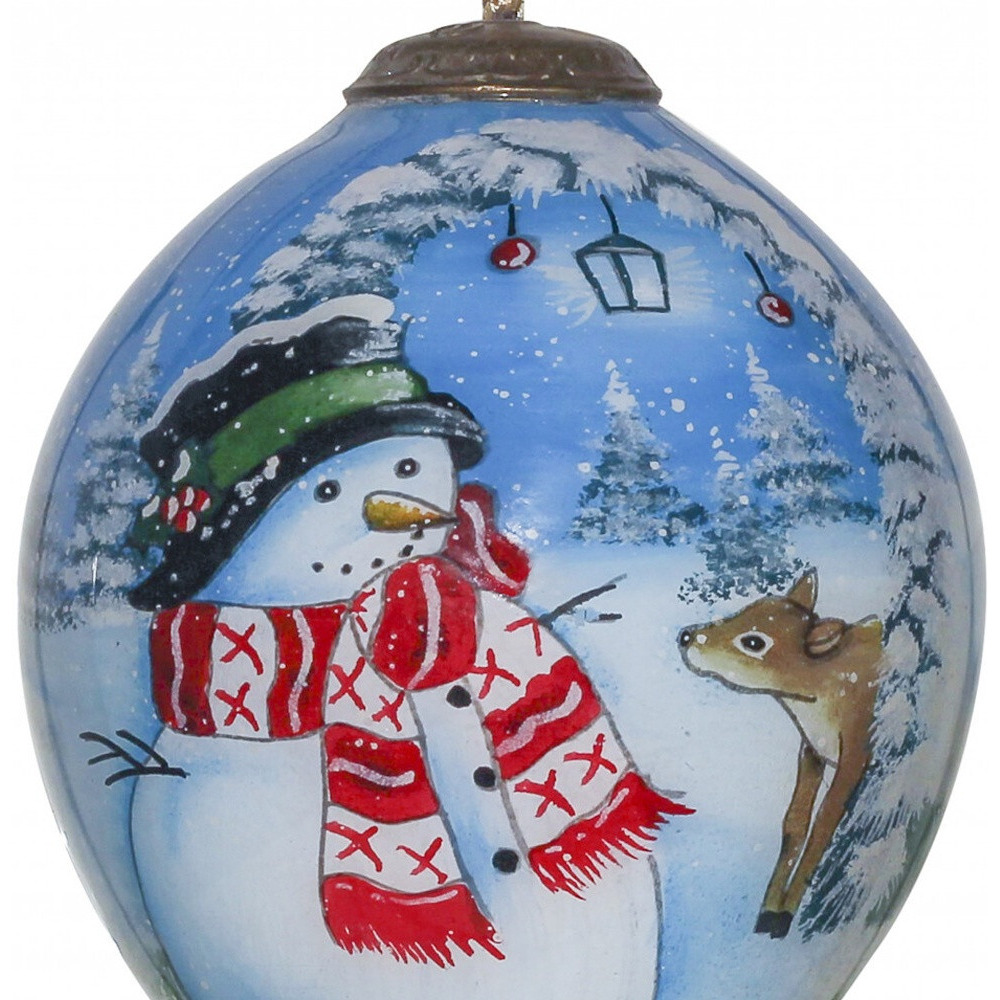 Adorable Snowman And Deer Hand Painted Mouth Blown Glass Ornament