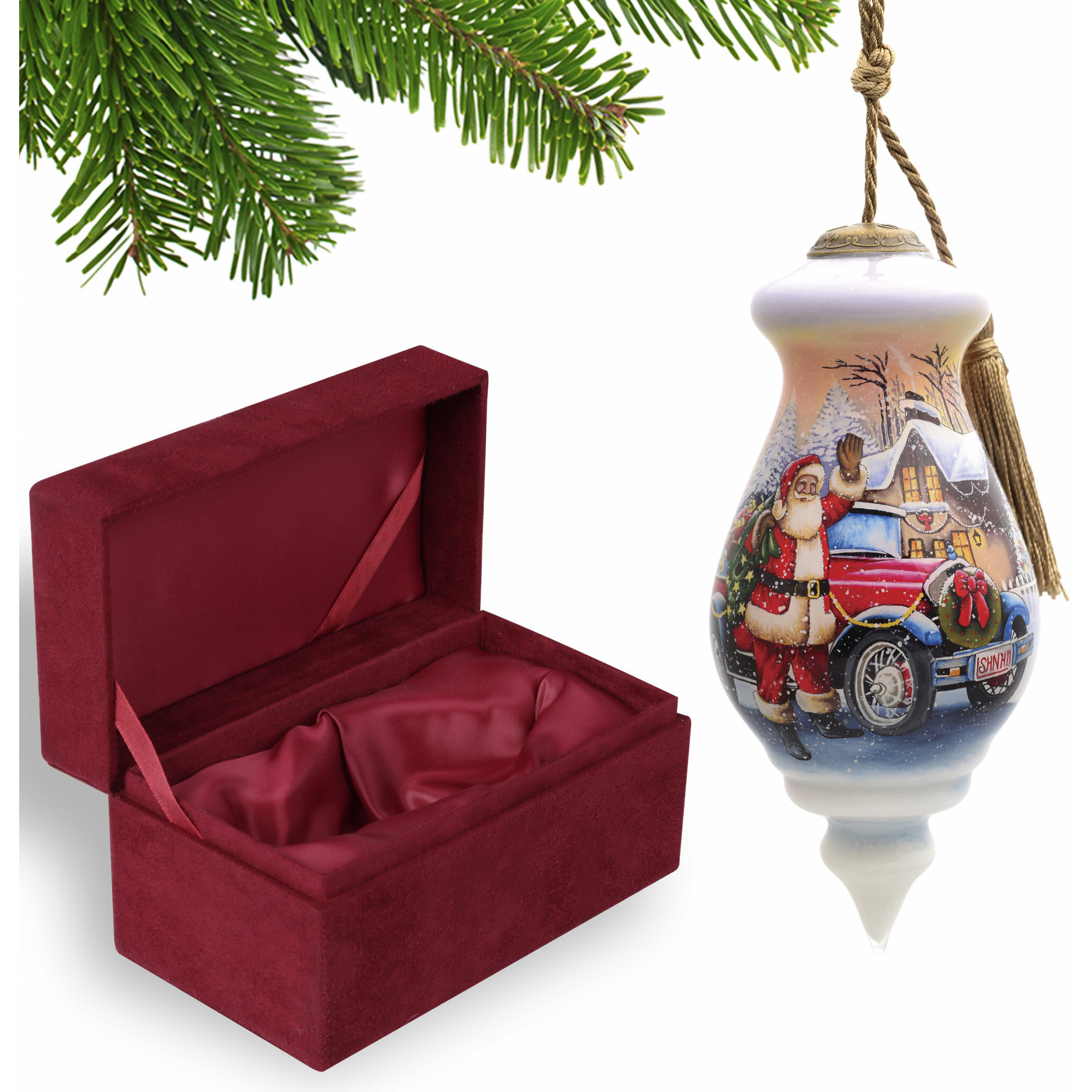 Vintage Car And Santa Waving Hand Painted Mouth Blown Glass Ornament