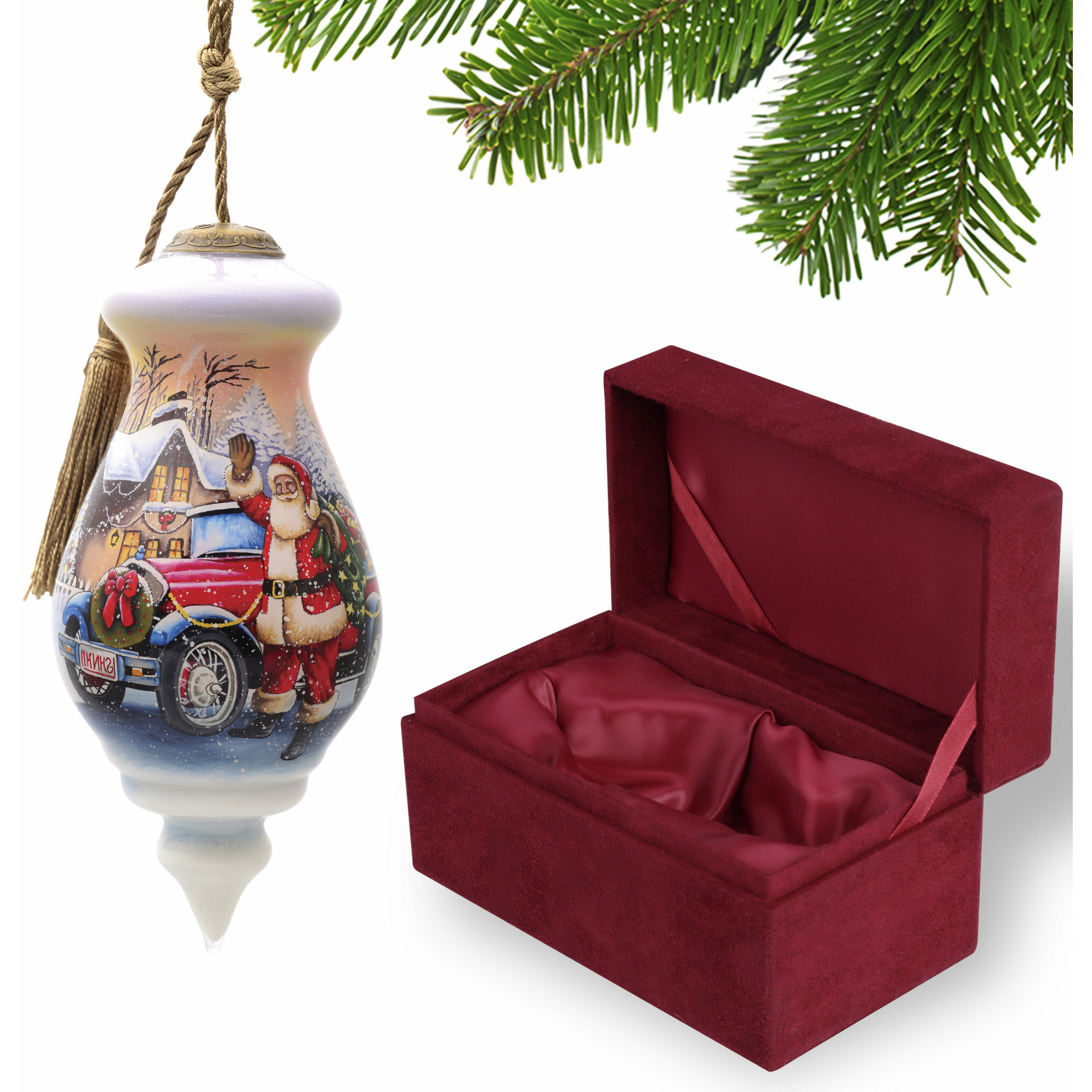 Vintage Car And Santa Waving Hand Painted Mouth Blown Glass Ornament