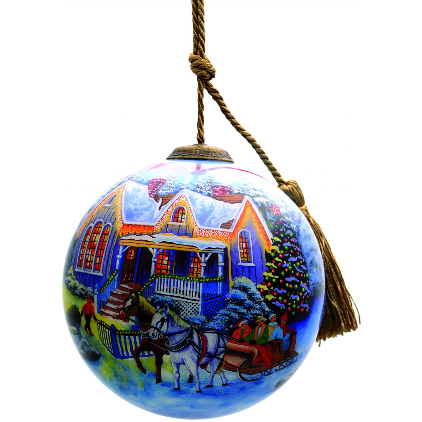 Christmas Home And Horse Carriage Hand Painted Mouth Blown Glass Ornament
