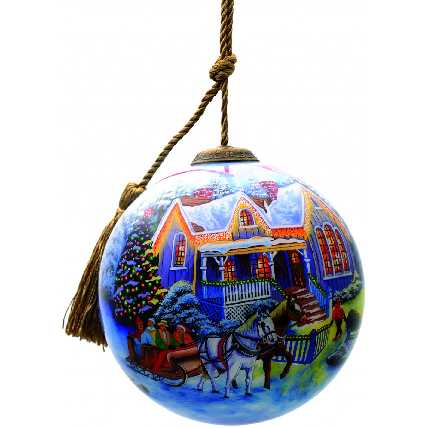 Christmas Home And Horse Carriage Hand Painted Mouth Blown Glass Ornament