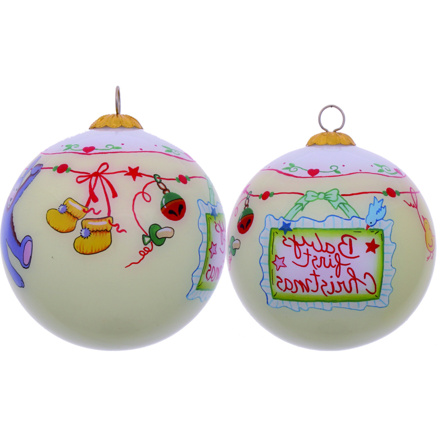 Baby's First Christmas With Motifs Hand Painted Mouth Blown Glass Ornament