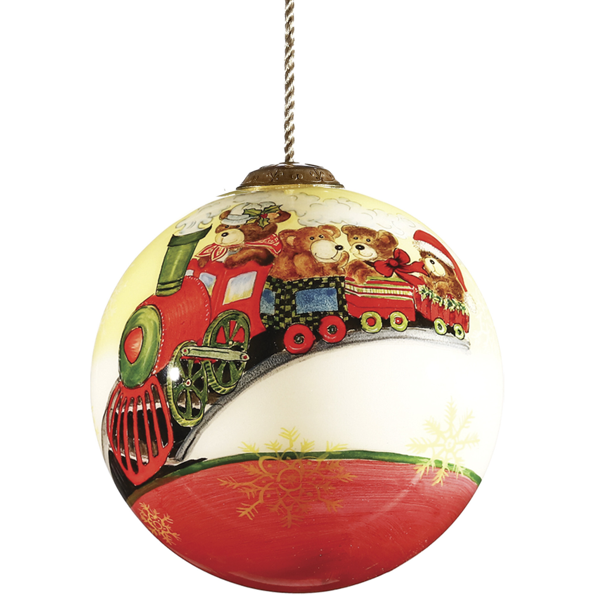Teddy On Toy Train Hand Painted Mouth Blown Glass Ornament