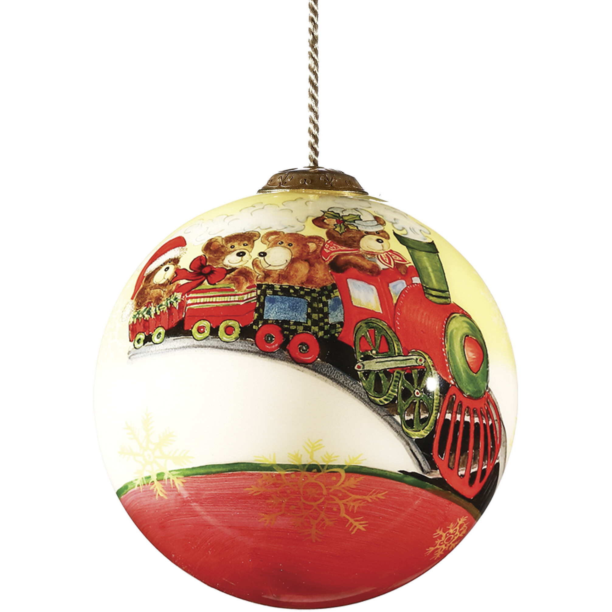 Teddy On Toy Train Hand Painted Mouth Blown Glass Ornament