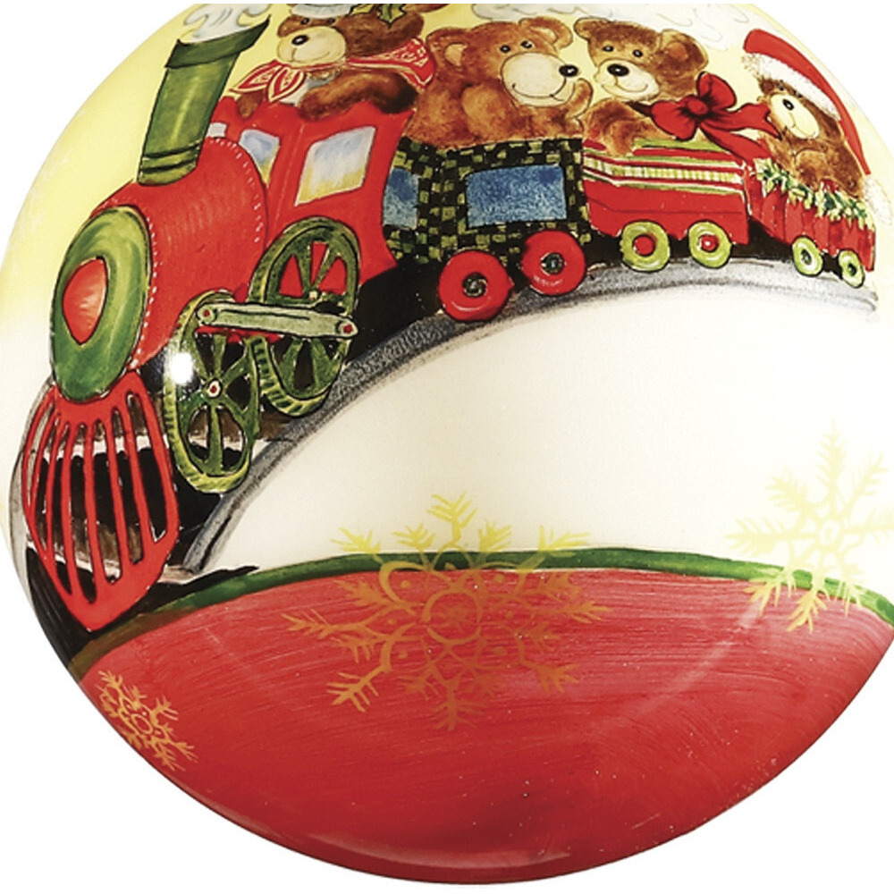Teddy On Toy Train Hand Painted Mouth Blown Glass Ornament