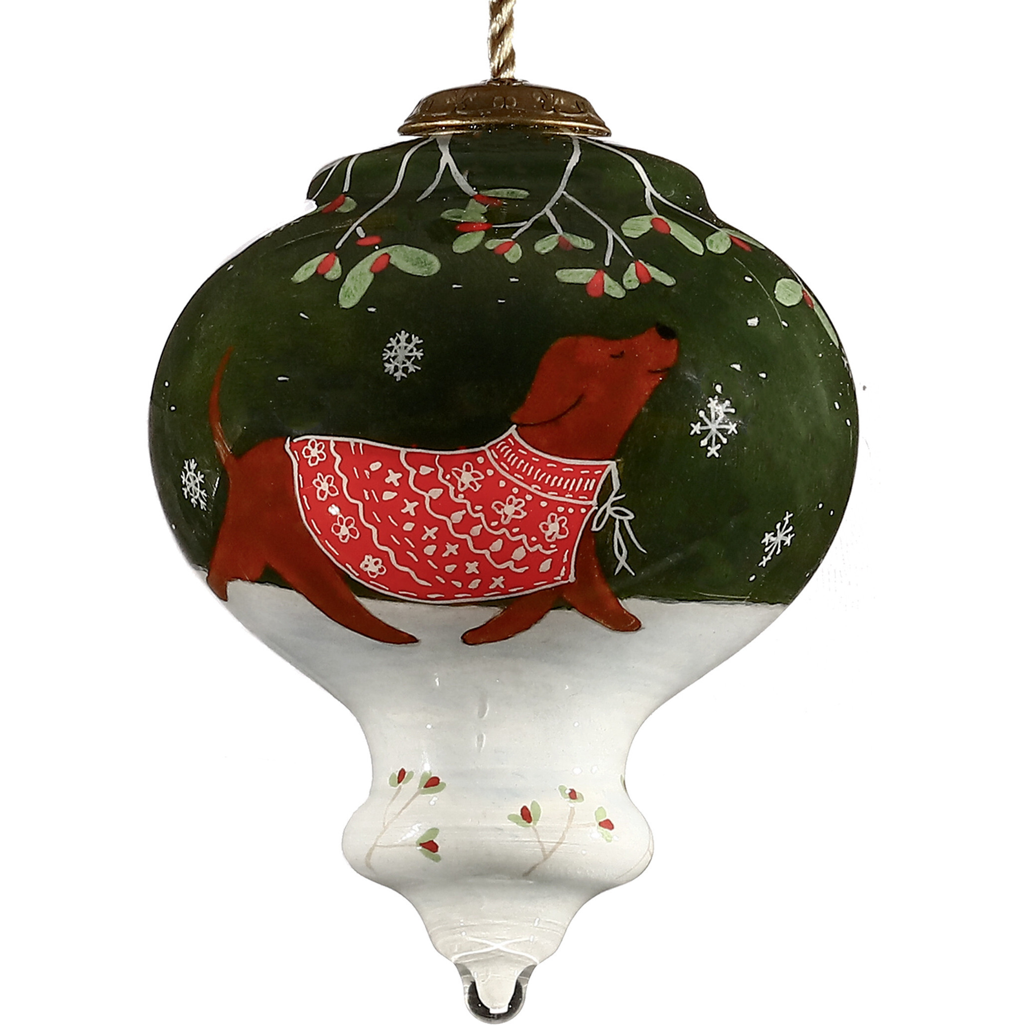 Trotting Dog In Comfy Christmas Attire Hand Painted Mouth Blown Glass Ornament