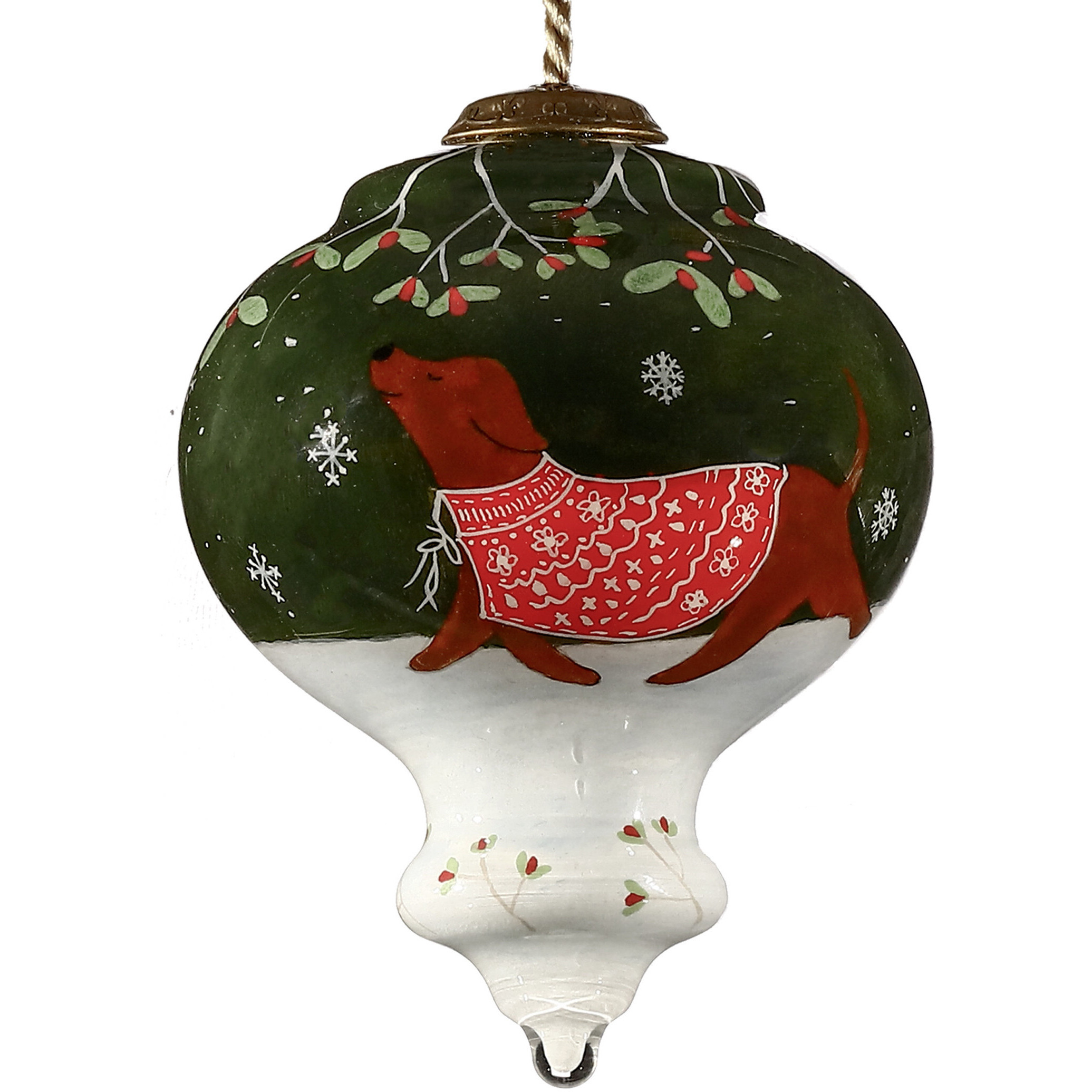 Trotting Dog In Comfy Christmas Attire Hand Painted Mouth Blown Glass Ornament