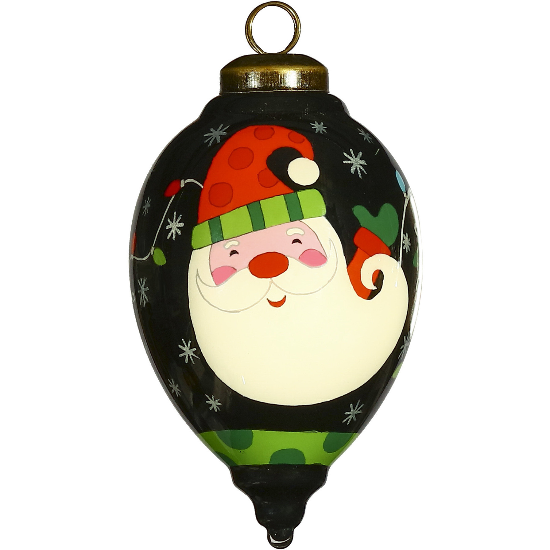 Santa In Holiday Lights Hand Painted Mouth Blown Glass Ornament