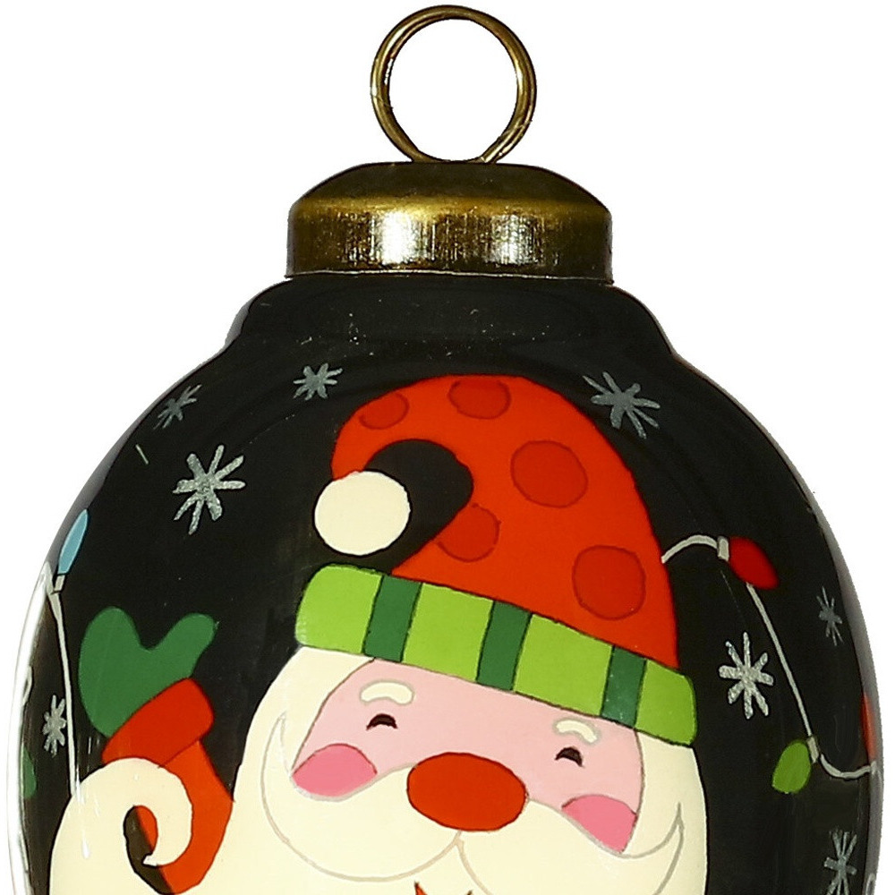 Santa In Holiday Lights Hand Painted Mouth Blown Glass Ornament