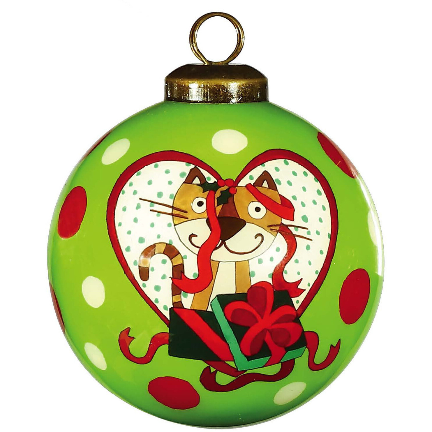 Charming Cat In A Heart Hand Painted Mouth Blown Glass Ornament