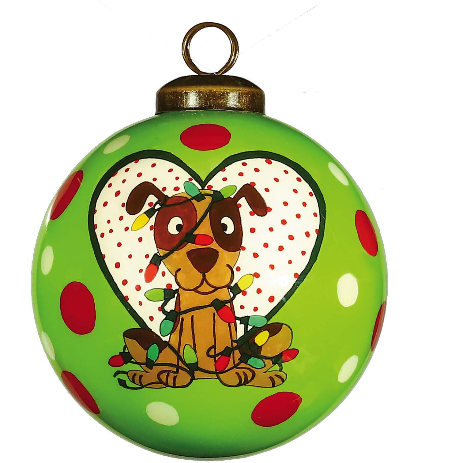 Charming Dog In A Heart Hand Painted Mouth Blown Glass Ornament