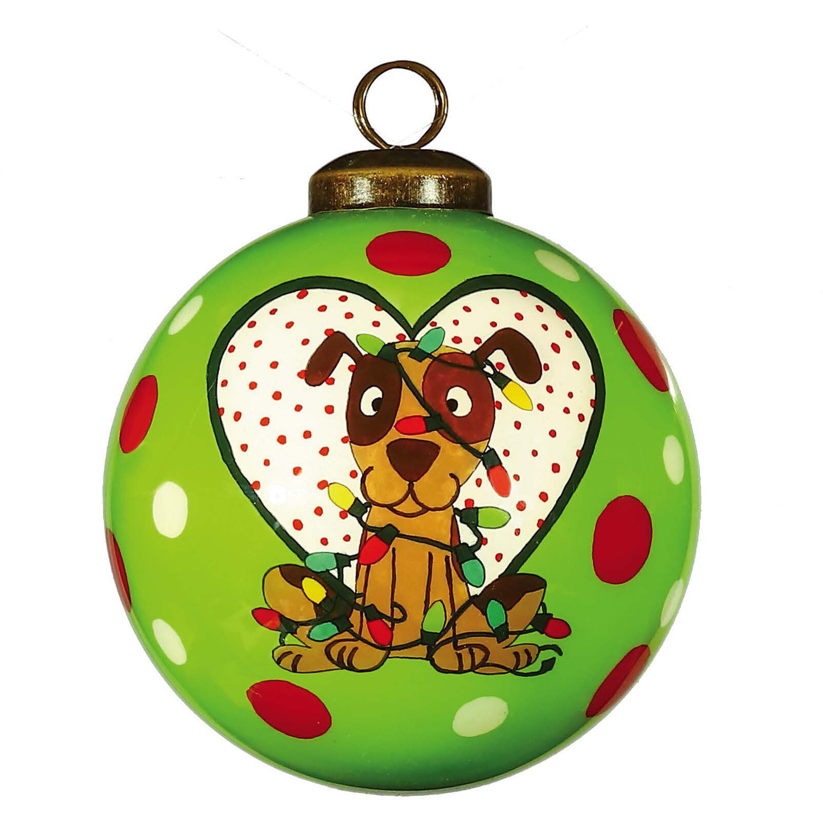 Charming Dog In A Heart Hand Painted Mouth Blown Glass Ornament