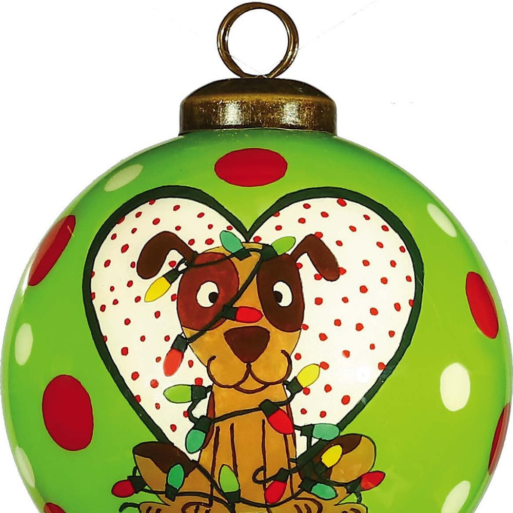Charming Dog In A Heart Hand Painted Mouth Blown Glass Ornament