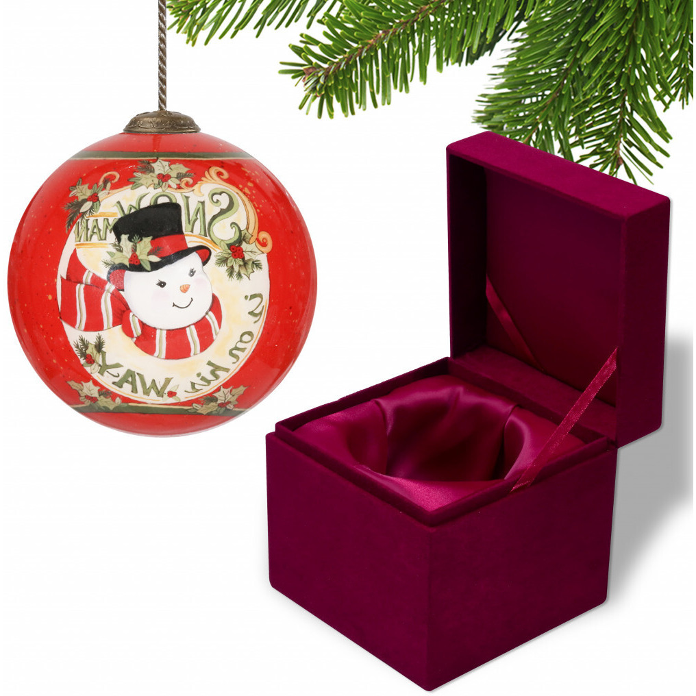 Festive Snowman On His Way Hand Painted Mouth Blown Glass Ornament