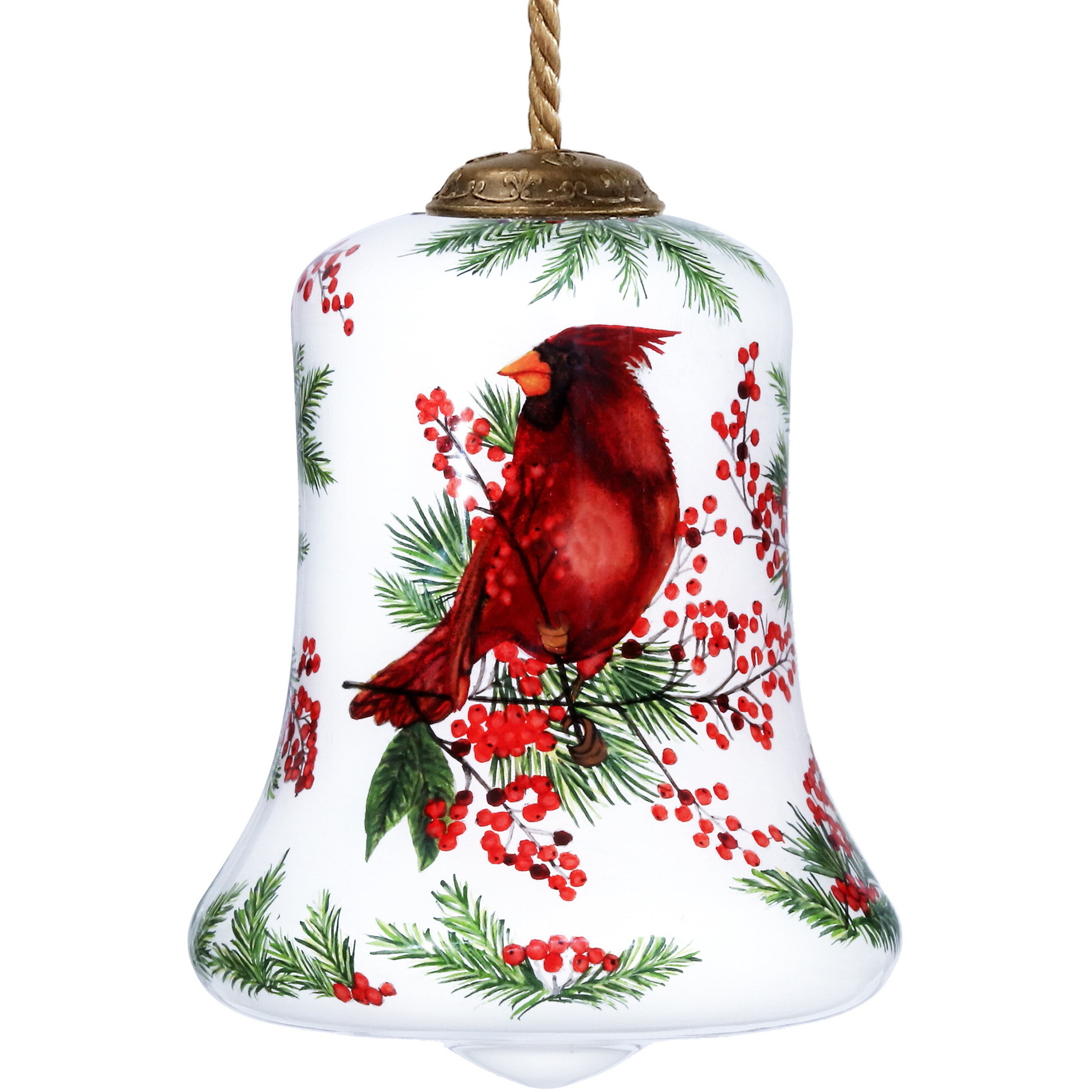 Cardinal Perched On Winter Berries Hand Painted Mouth Blown Glass Ornament