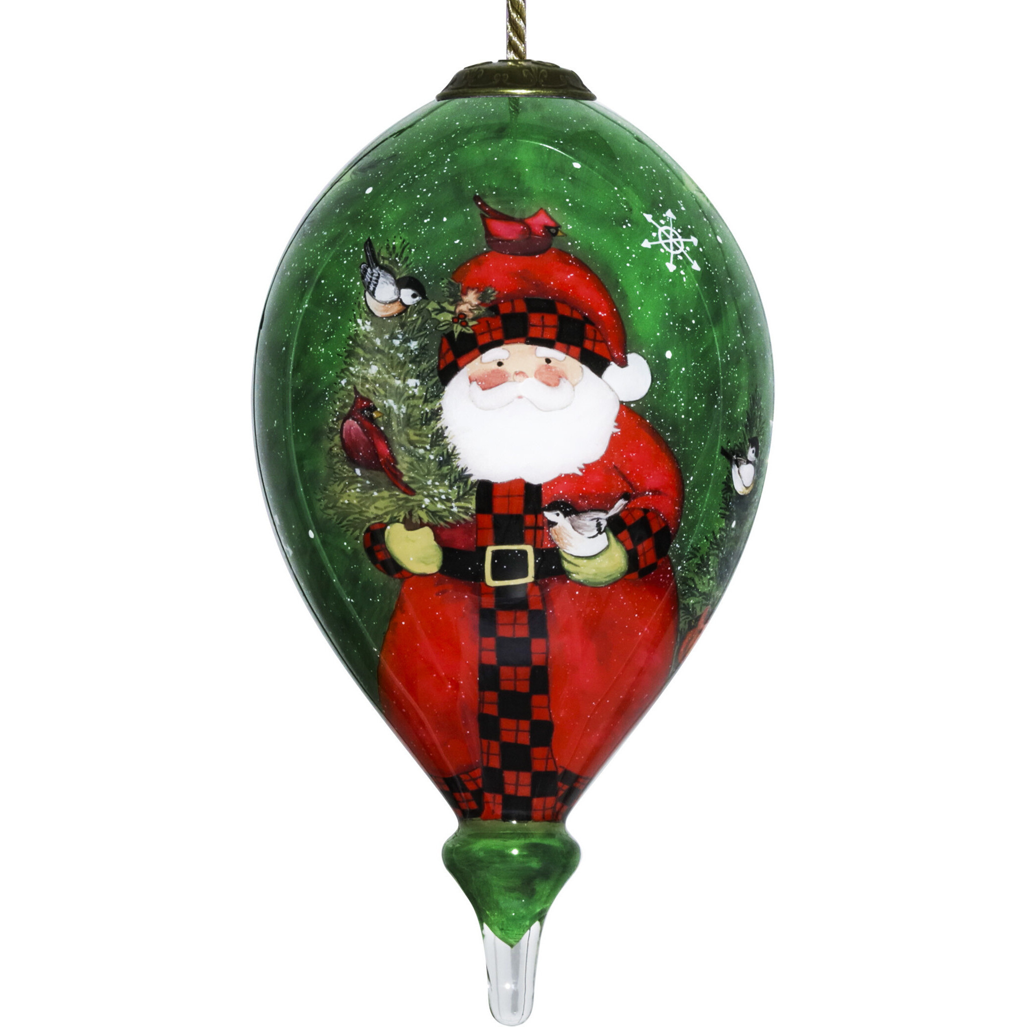 Green Plaid Santa Hand Painted Mouth Blown Glass Ornament