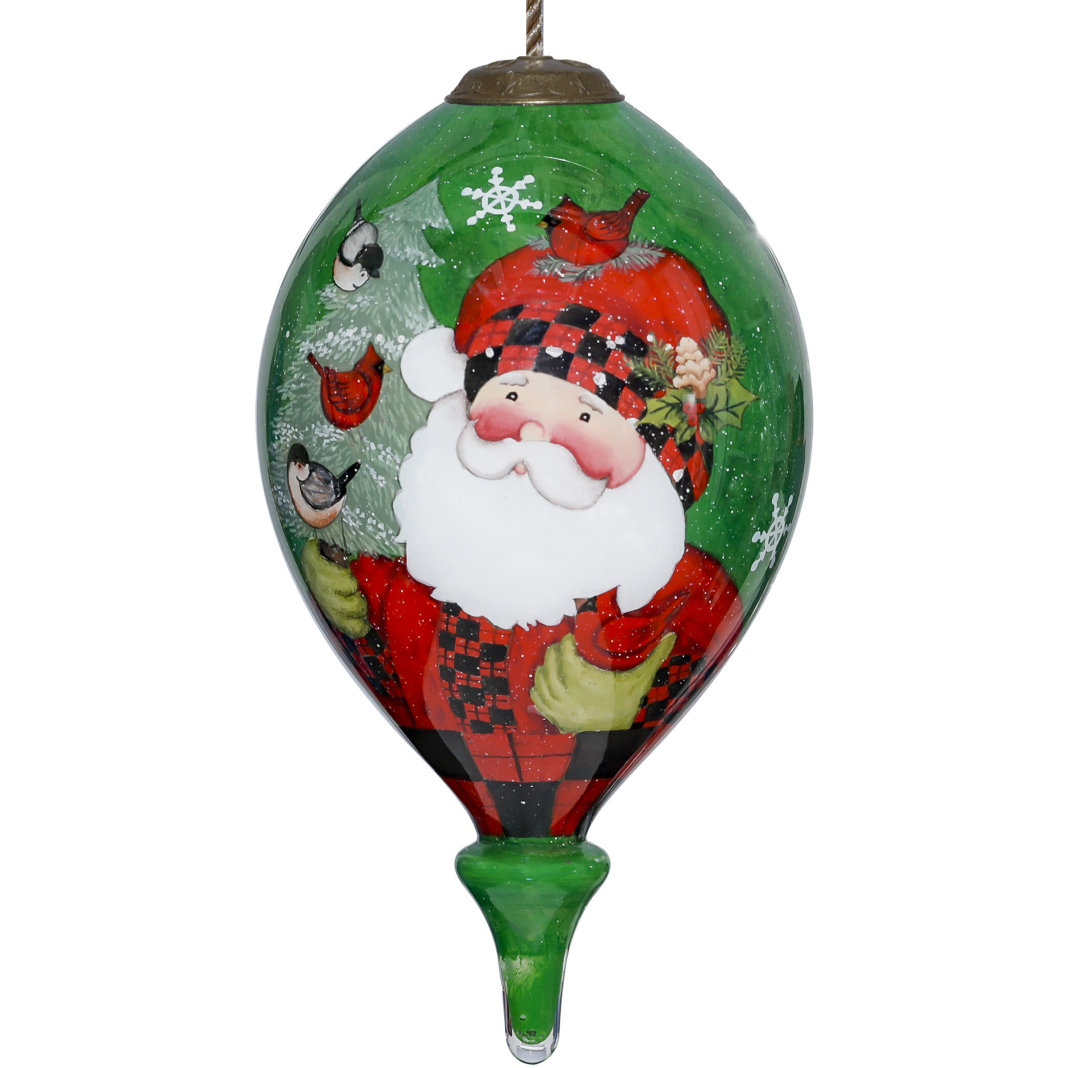 Plaid Santa With Cardinals Hand Painted Mouth Blown Glass Ornament