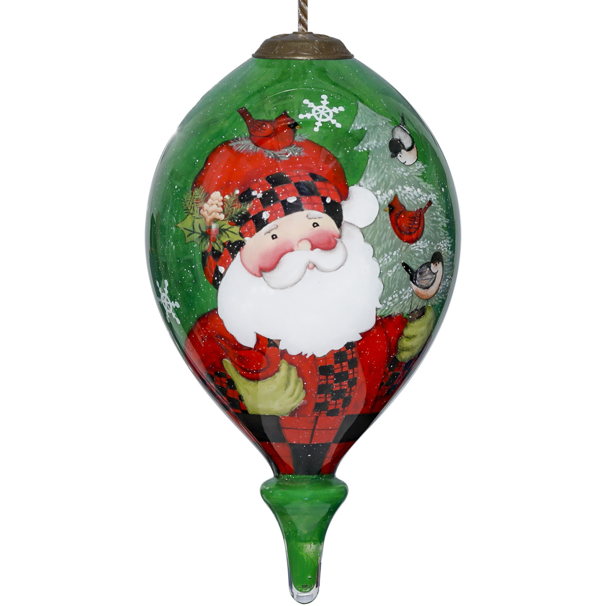 Plaid Santa With Cardinals Hand Painted Mouth Blown Glass Ornament
