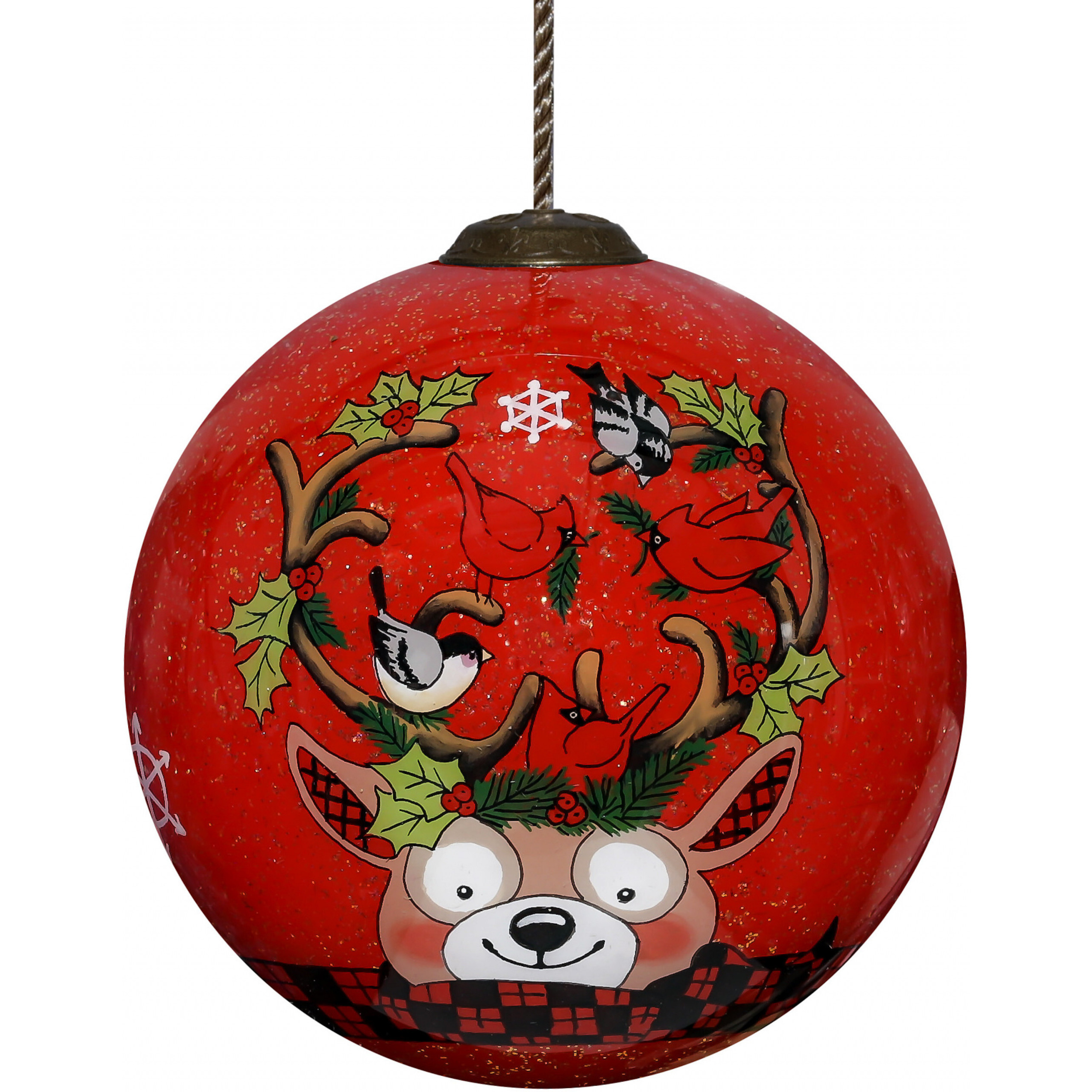 Reindeer With Plaids And Cardinals Hand Painted Mouth Blown Glass Ornament