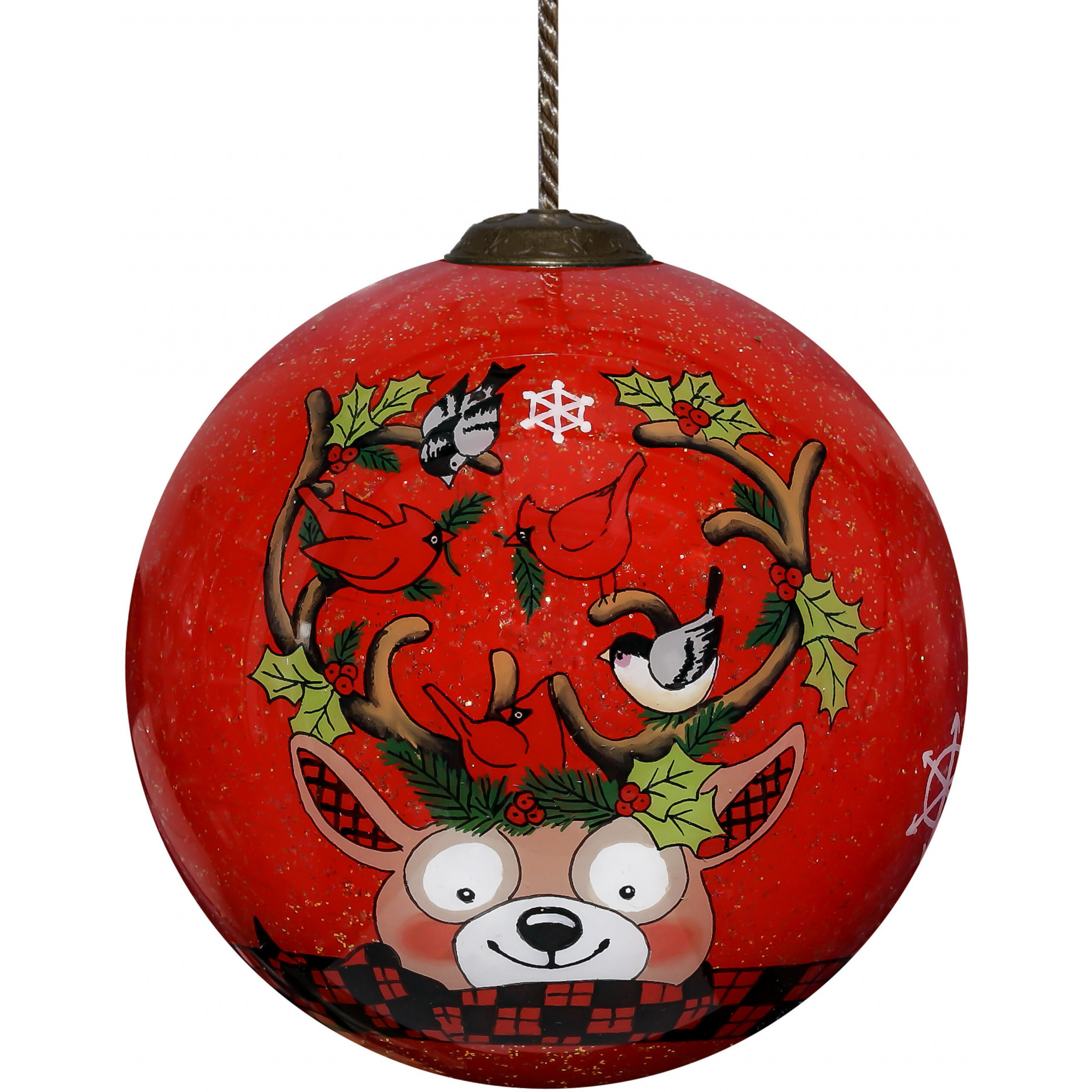 Reindeer With Plaids And Cardinals Hand Painted Mouth Blown Glass Ornament