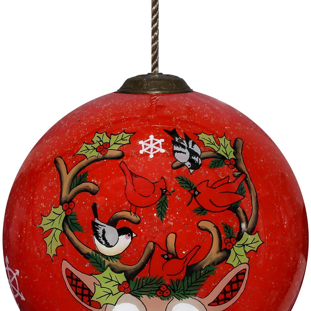 Reindeer With Plaids And Cardinals Hand Painted Mouth Blown Glass Ornament