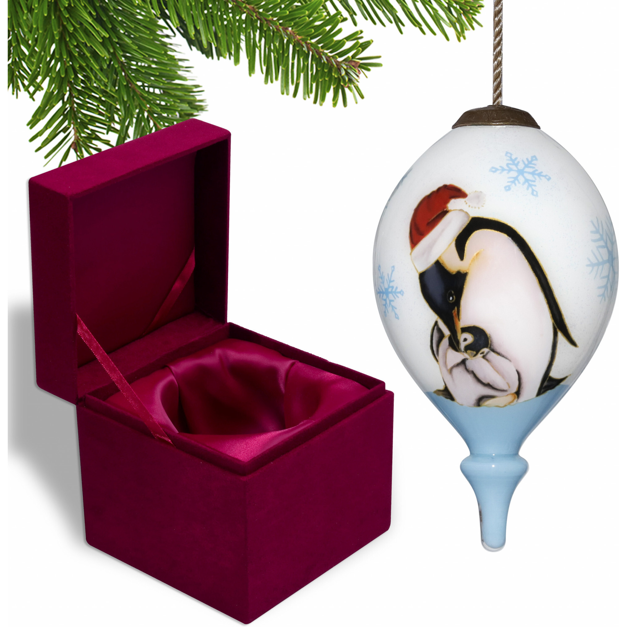 Penguin Mother And Child Hand Painted Mouth Blown Glass Ornament