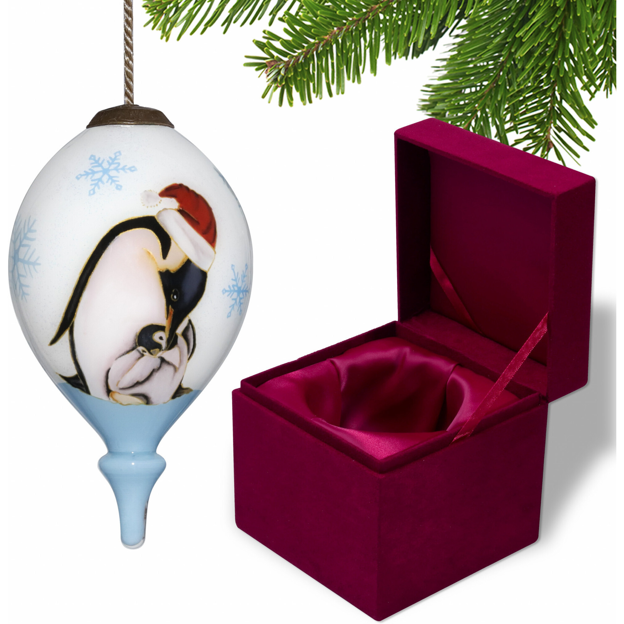 Penguin Mother And Child Hand Painted Mouth Blown Glass Ornament