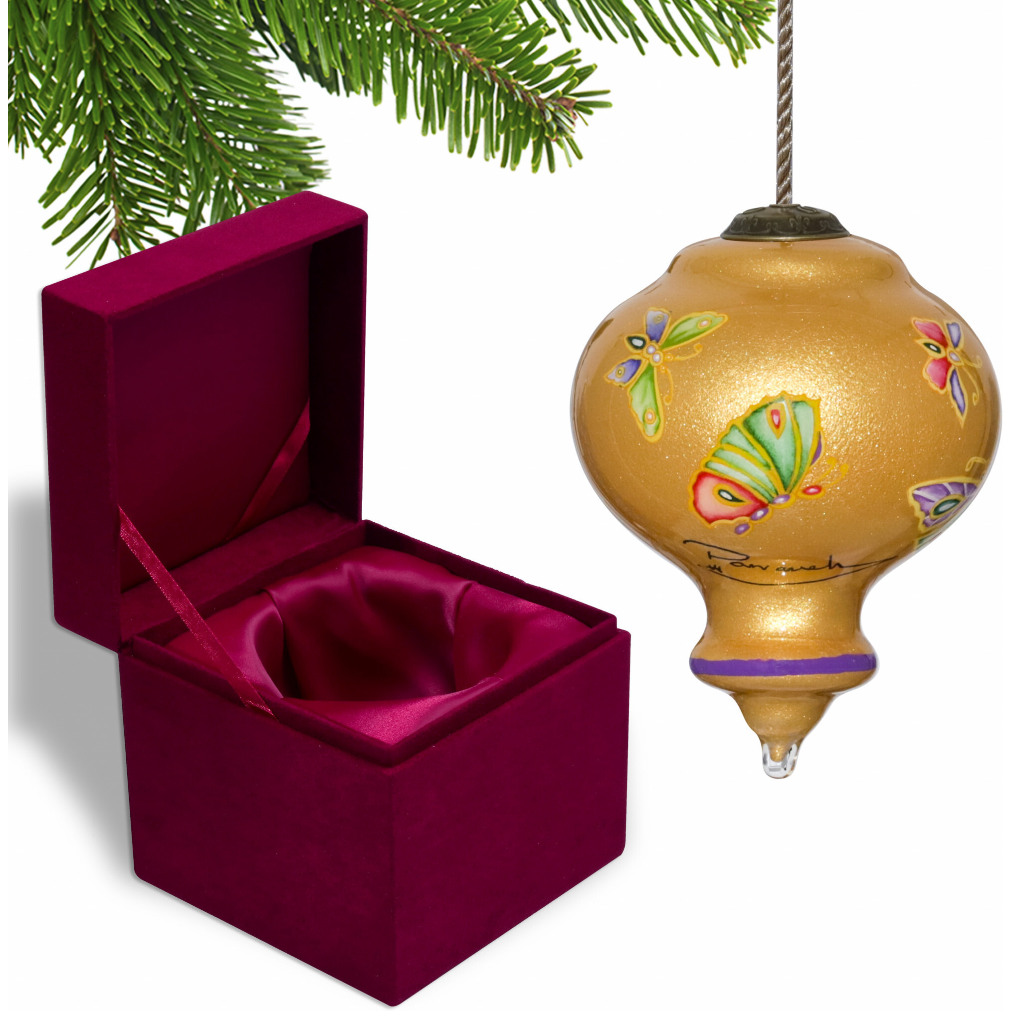 Golden Extravagant Butterflies Hand Painted Mouth Blown Glass Ornament