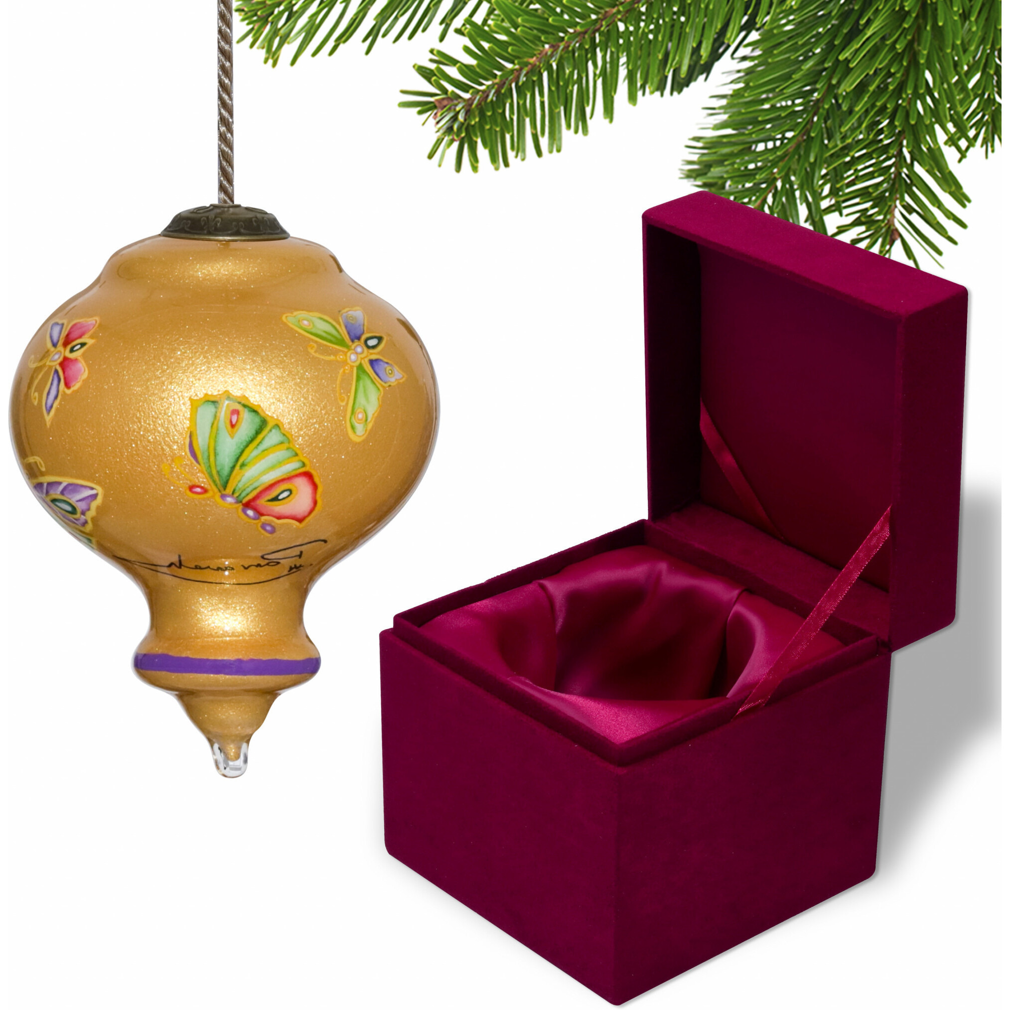 Golden Extravagant Butterflies Hand Painted Mouth Blown Glass Ornament