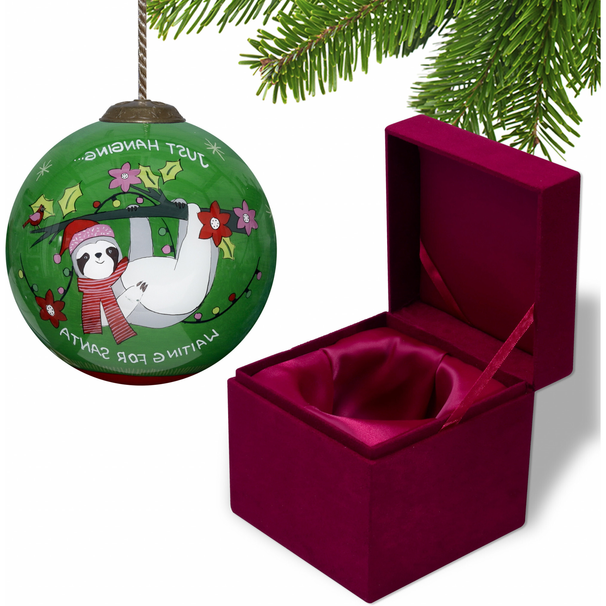 Just Hanging Sloth Merry Lights Hand Painted Mouth Blown Glass Ornament