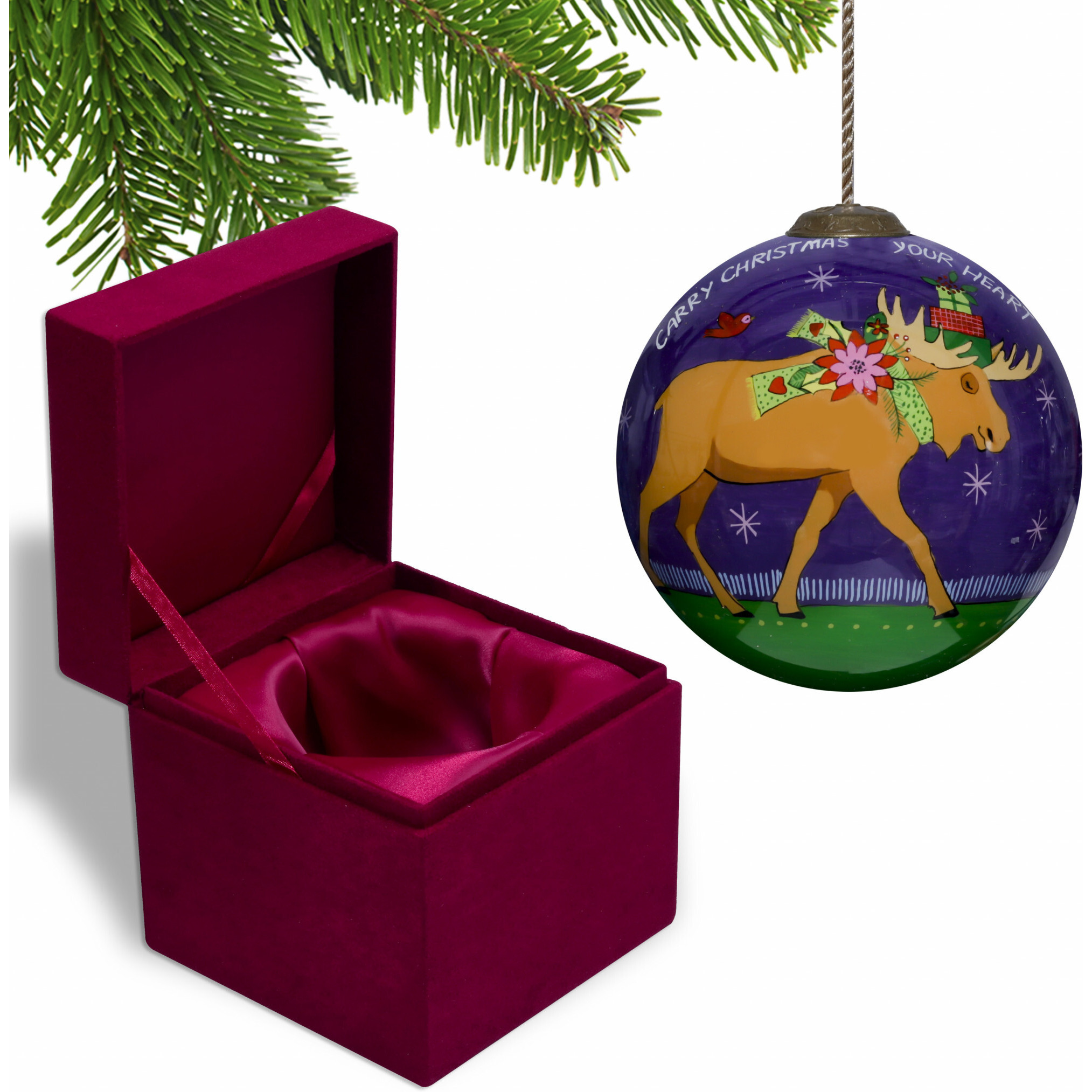 Christmas Moose Walking Hand Painted Mouth Blown Glass Ornament