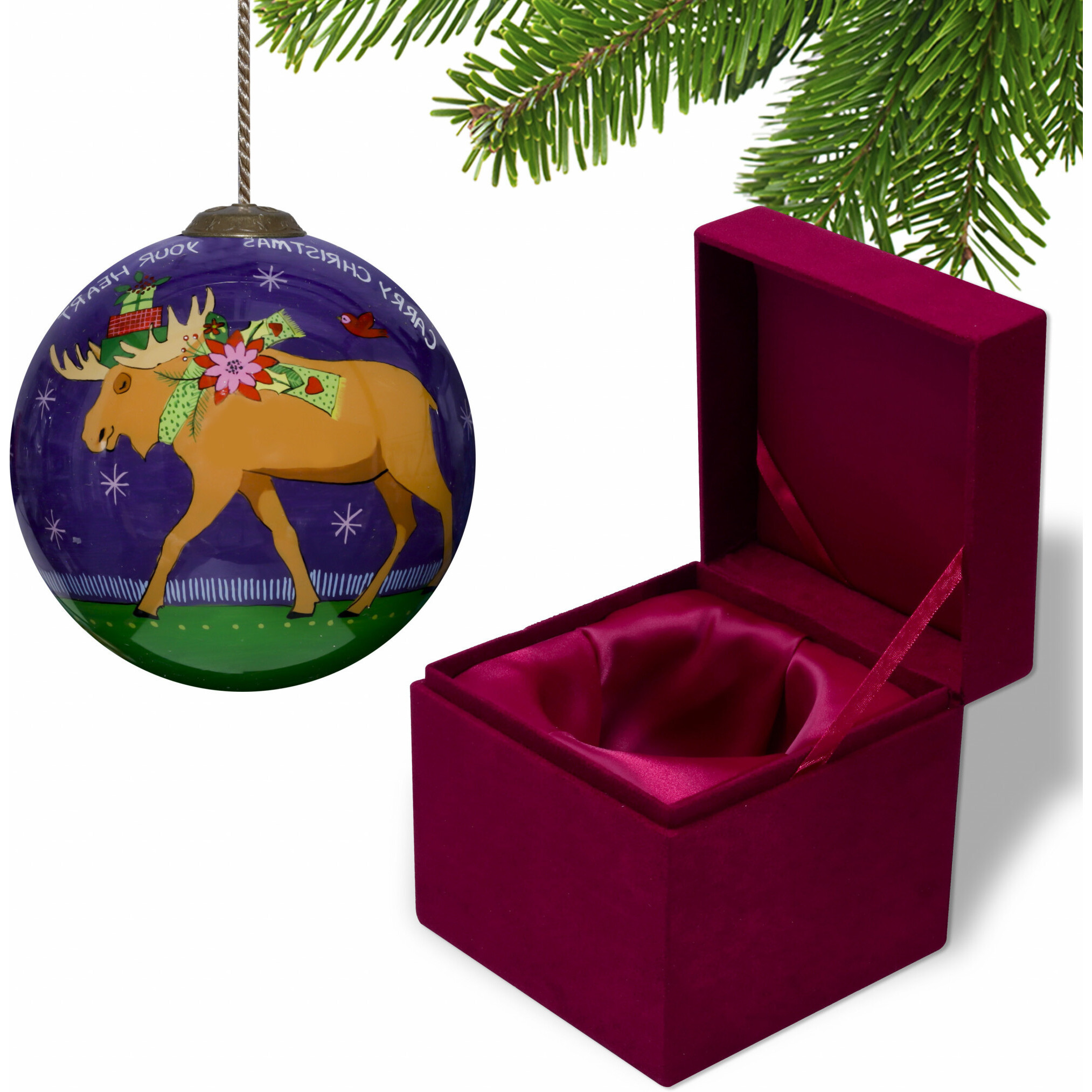 Christmas Moose Walking Hand Painted Mouth Blown Glass Ornament