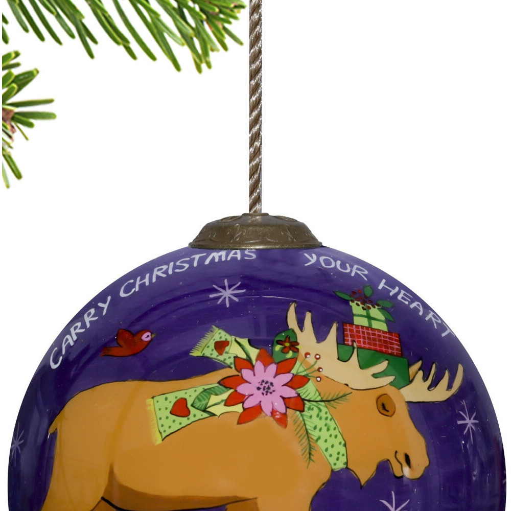 Christmas Moose Walking Hand Painted Mouth Blown Glass Ornament