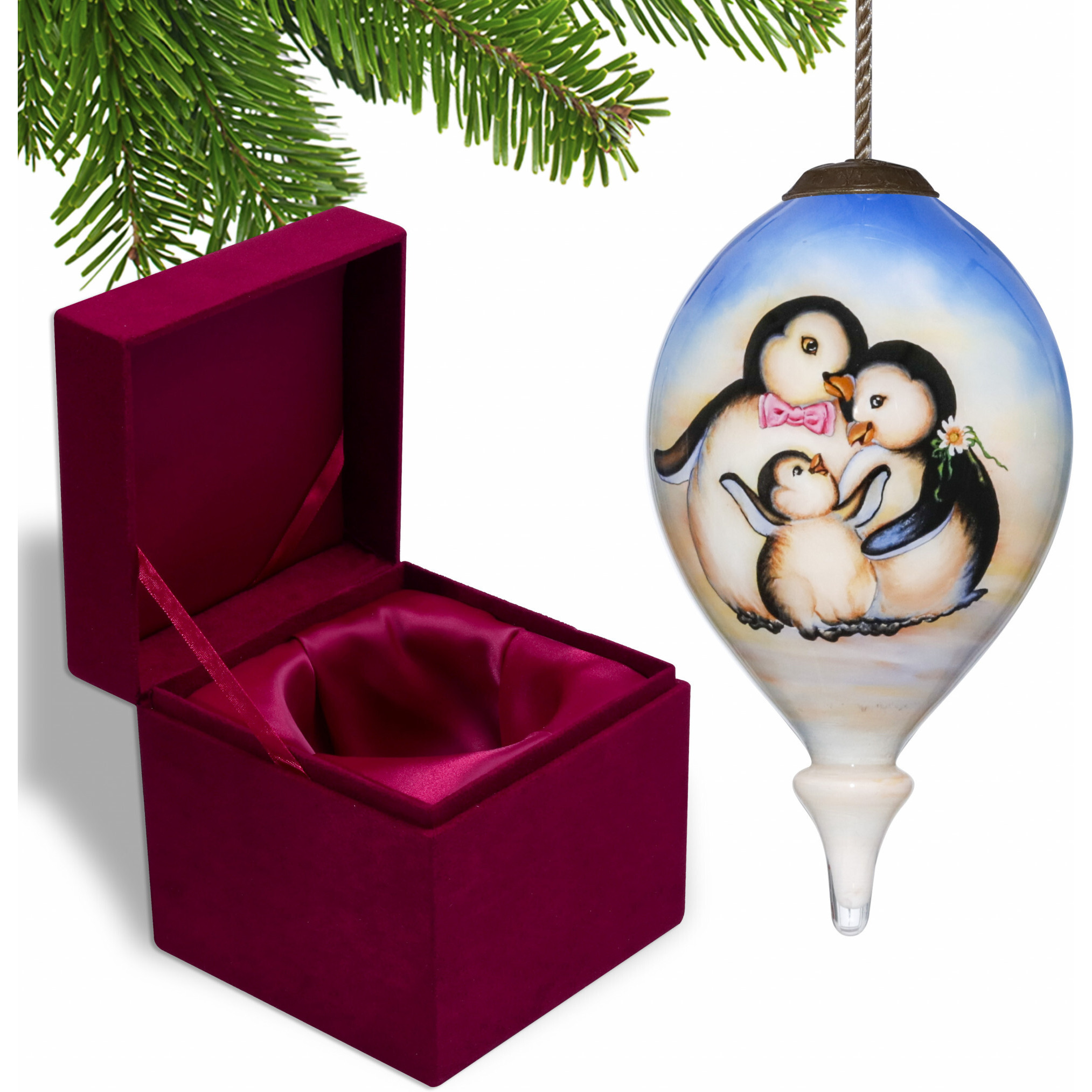 Family Of Penguins Hand Painted Mouth Blown Glass Ornament