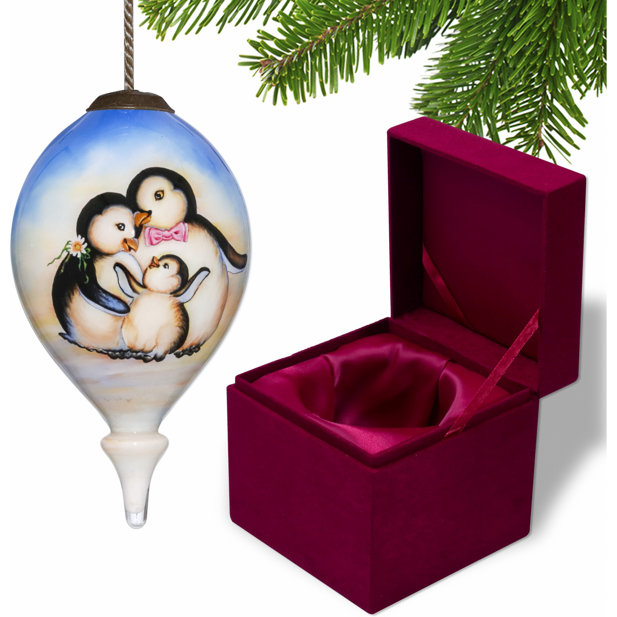 Family Of Penguins Hand Painted Mouth Blown Glass Ornament