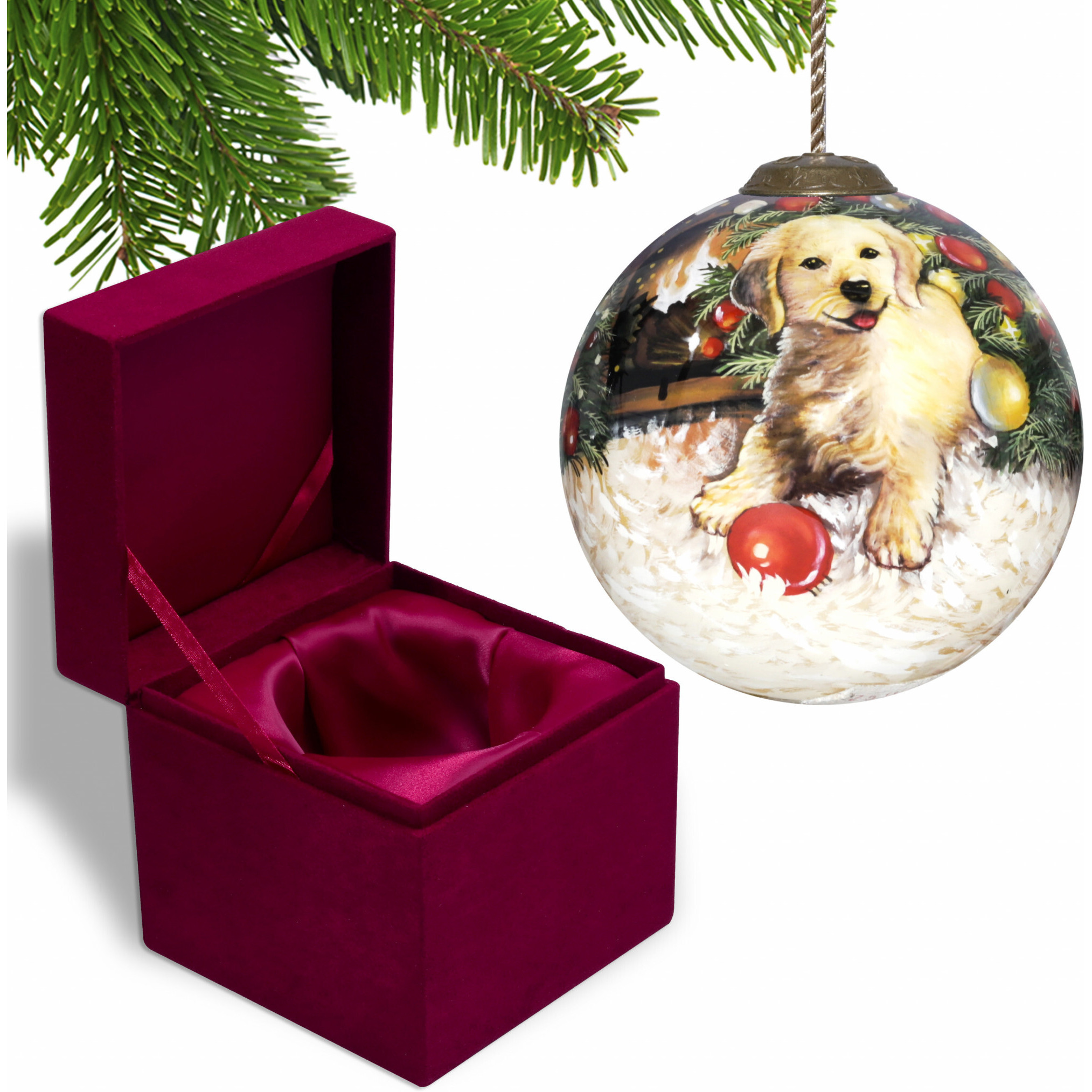 Puppy Under The Christmas Tree Hand Painted Mouth Blown Glass Ornament