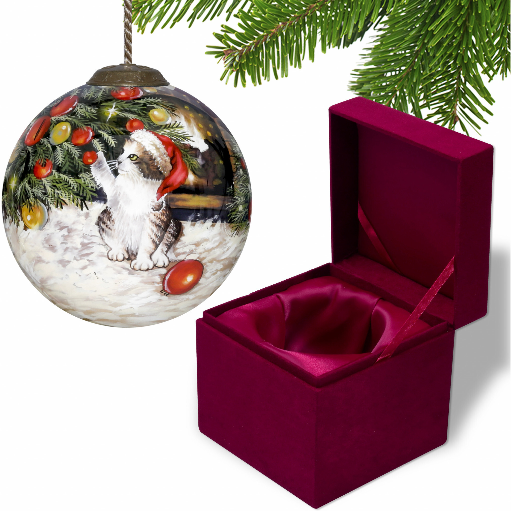 Kitten Under The Christmas Tree Hand Painted Mouth Blown Glass Ornament