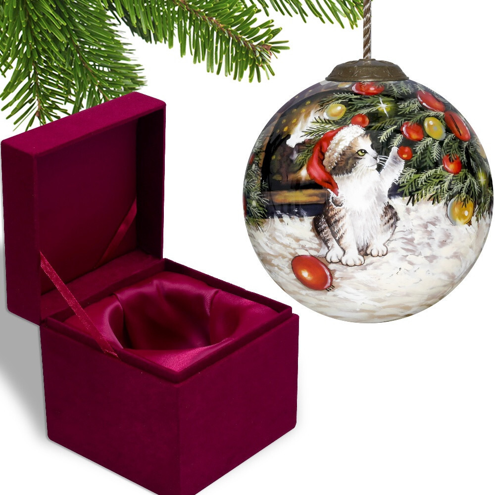 Kitten Under The Christmas Tree Hand Painted Mouth Blown Glass Ornament