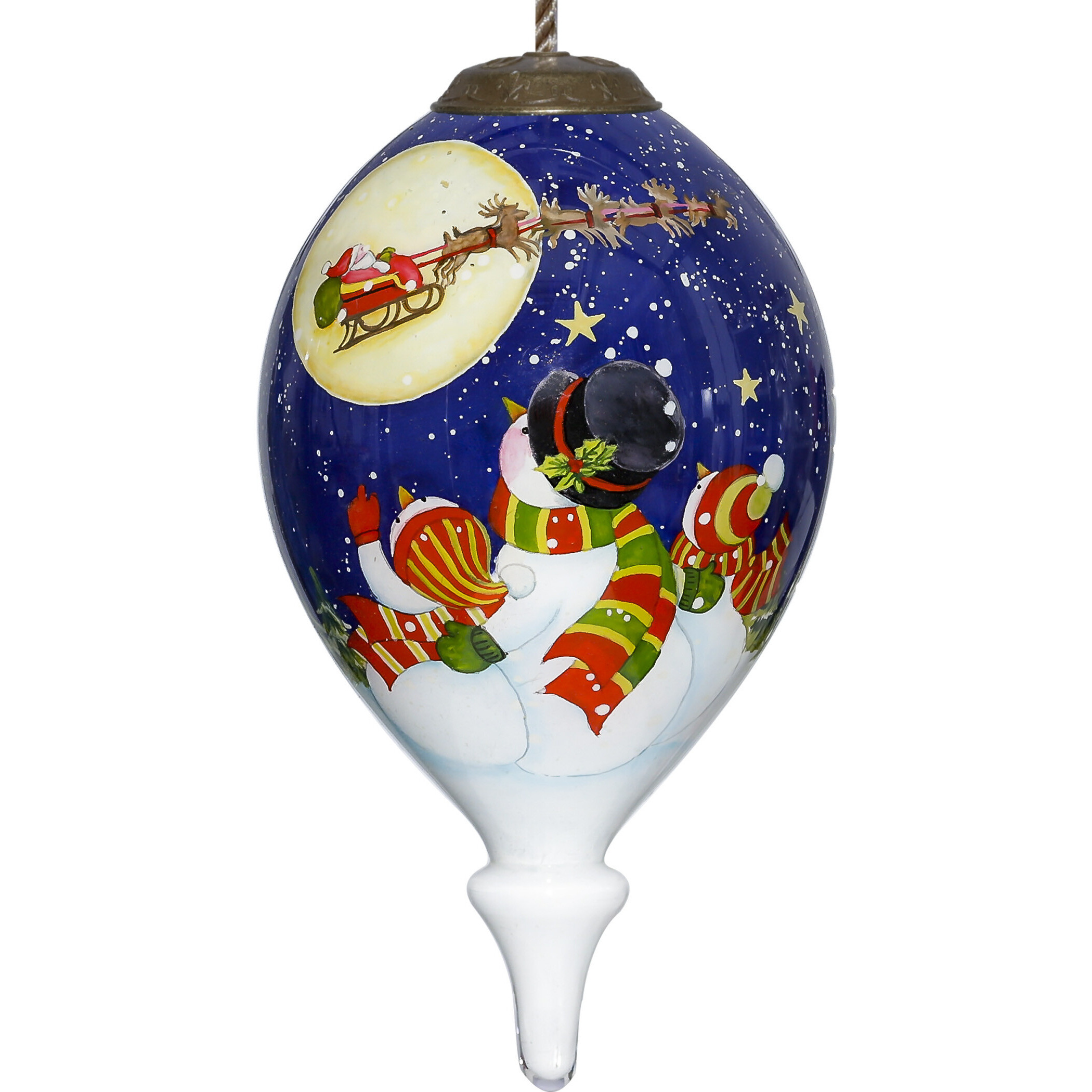 Snowmen Family Watching Santa On A Sleigh Hand Painted Mouth Blown Glass Ornament