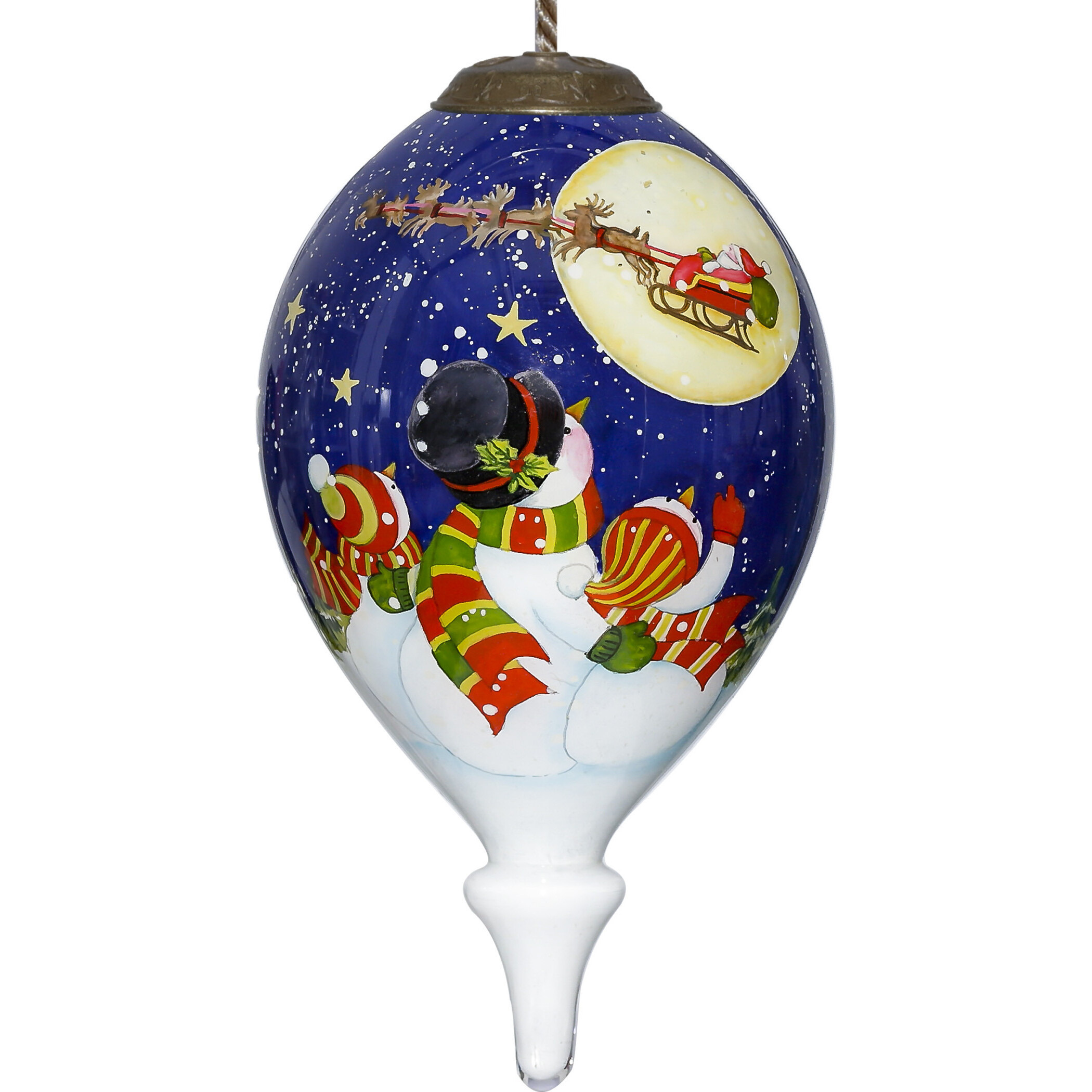 Snowmen Family Watching Santa On A Sleigh Hand Painted Mouth Blown Glass Ornament