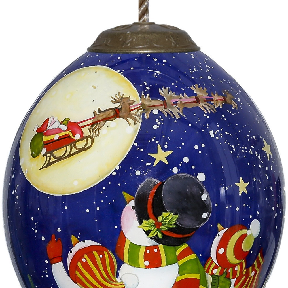 Snowmen Family Watching Santa On A Sleigh Hand Painted Mouth Blown Glass Ornament