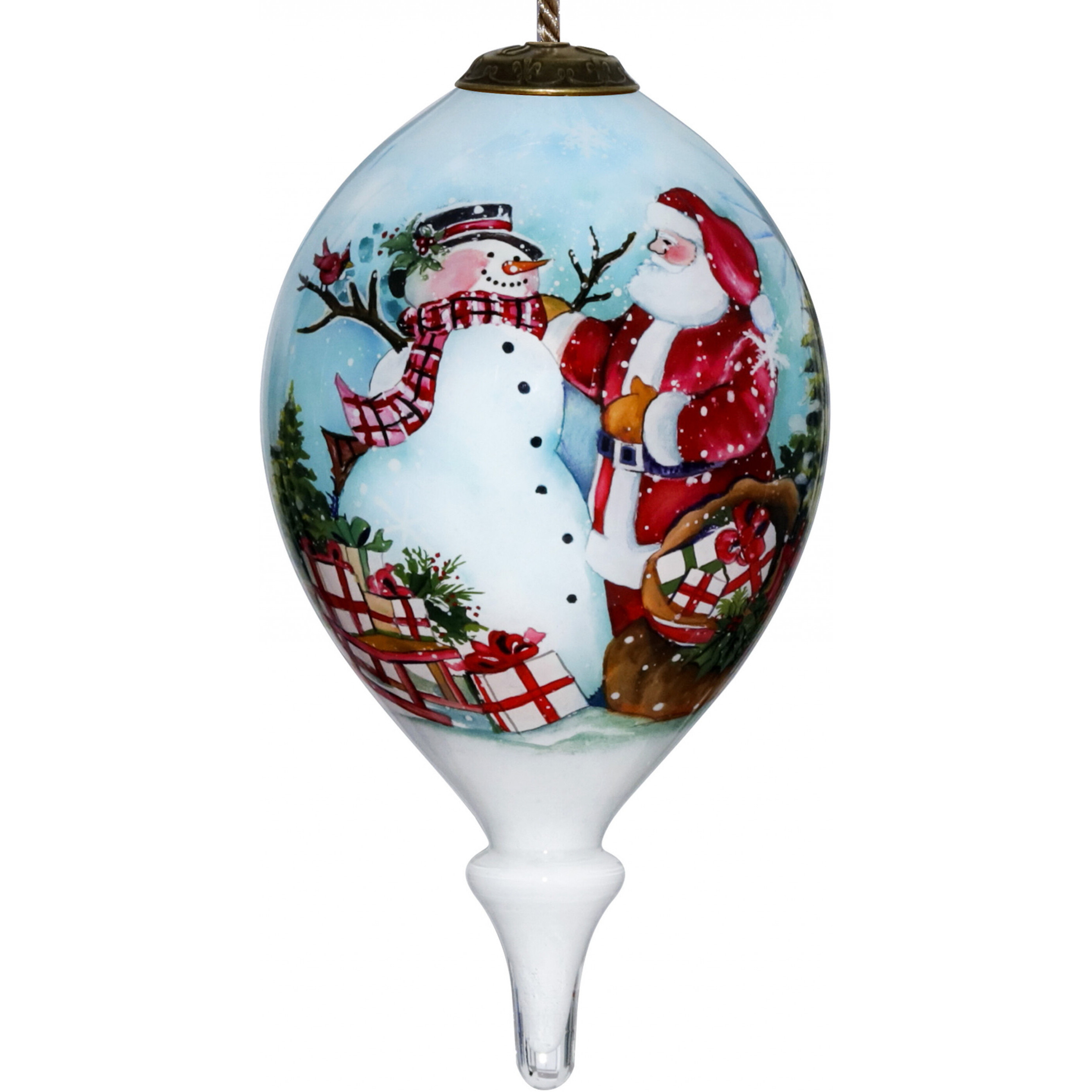 Christmas Santa And Snowman Hand Painted Mouth Blown Glass Ornament