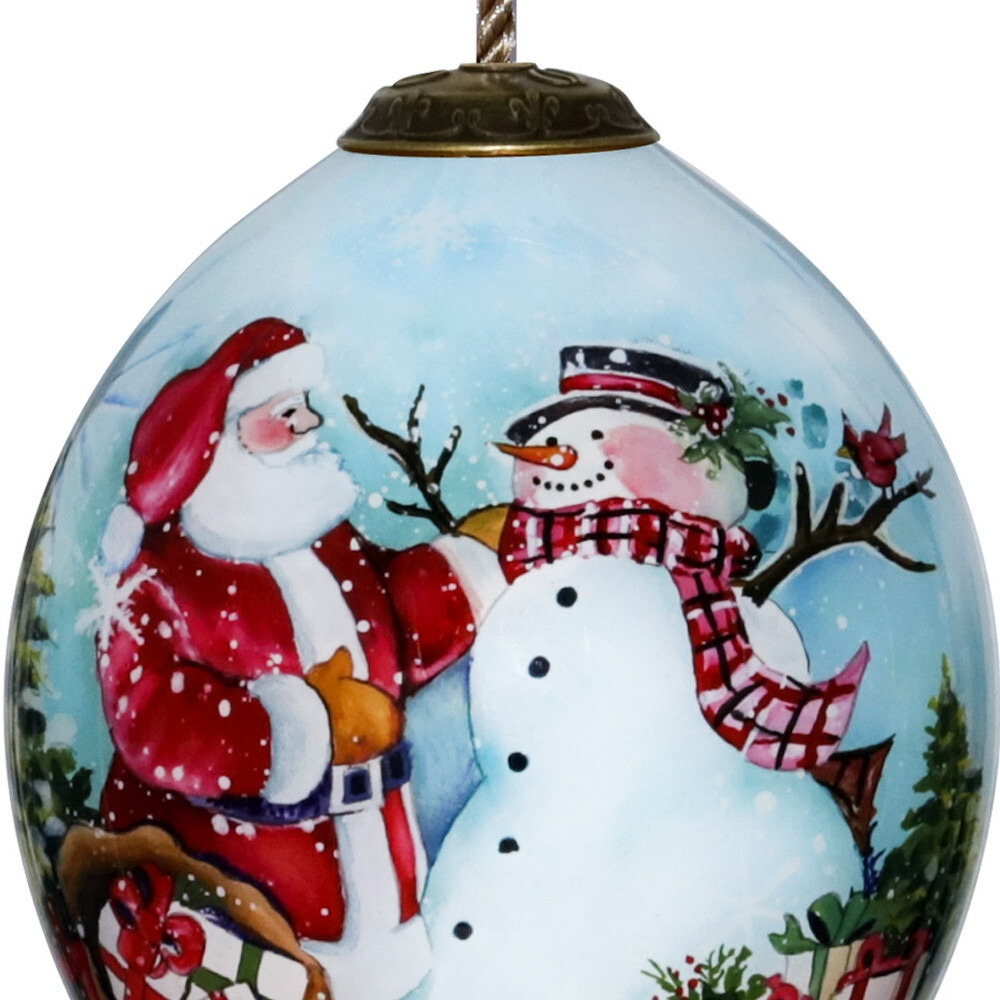 Christmas Santa And Snowman Hand Painted Mouth Blown Glass Ornament