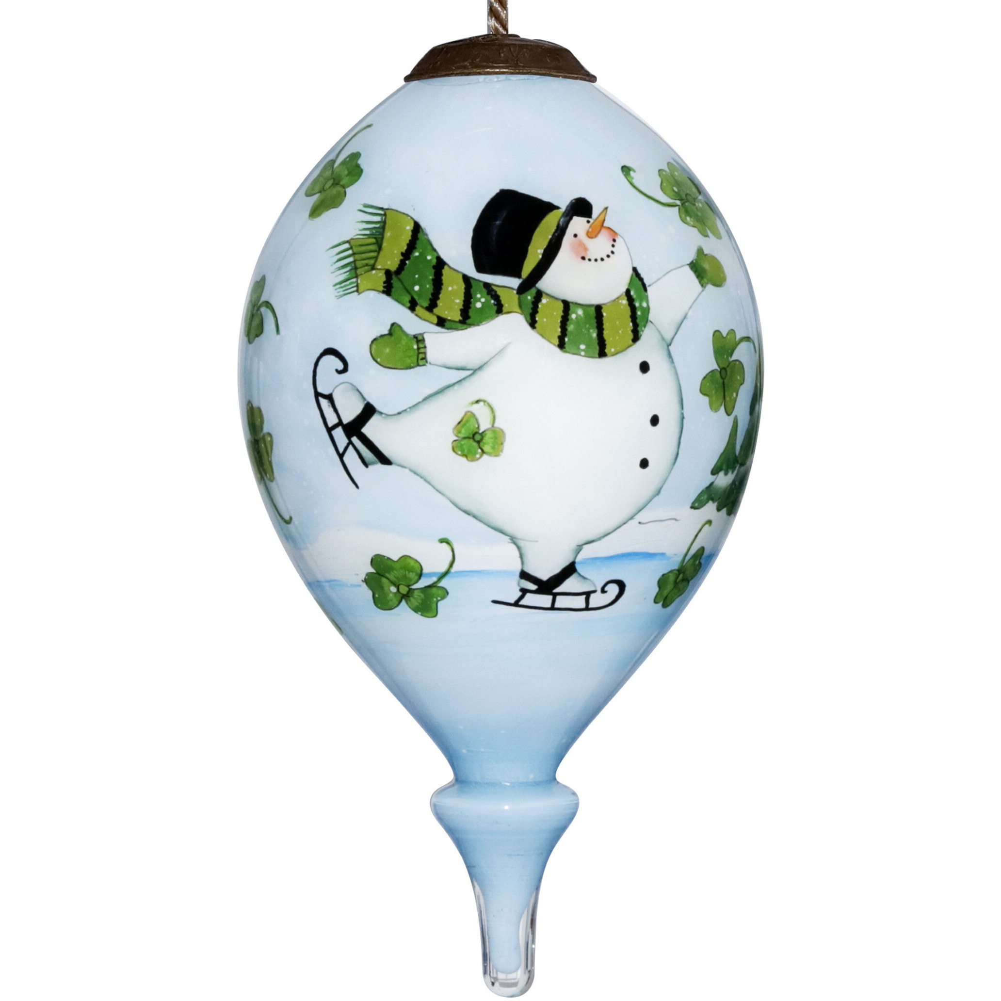 Ice Skating Shamrock Snowman Hand Painted Mouth Blown Glass Ornament