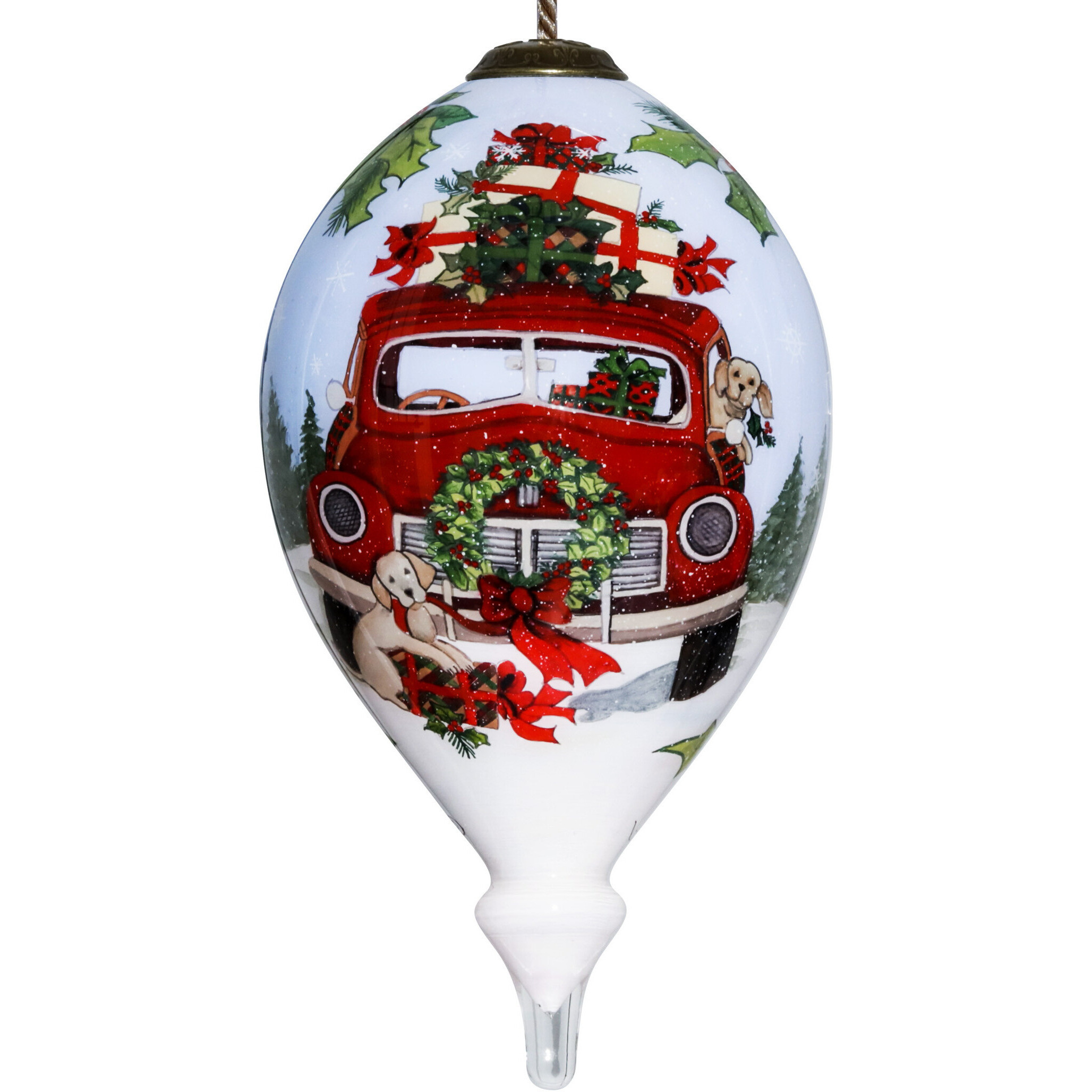 Puppy And Red Truck Christmas Wreath Hand Painted Mouth Blown Glass Ornament