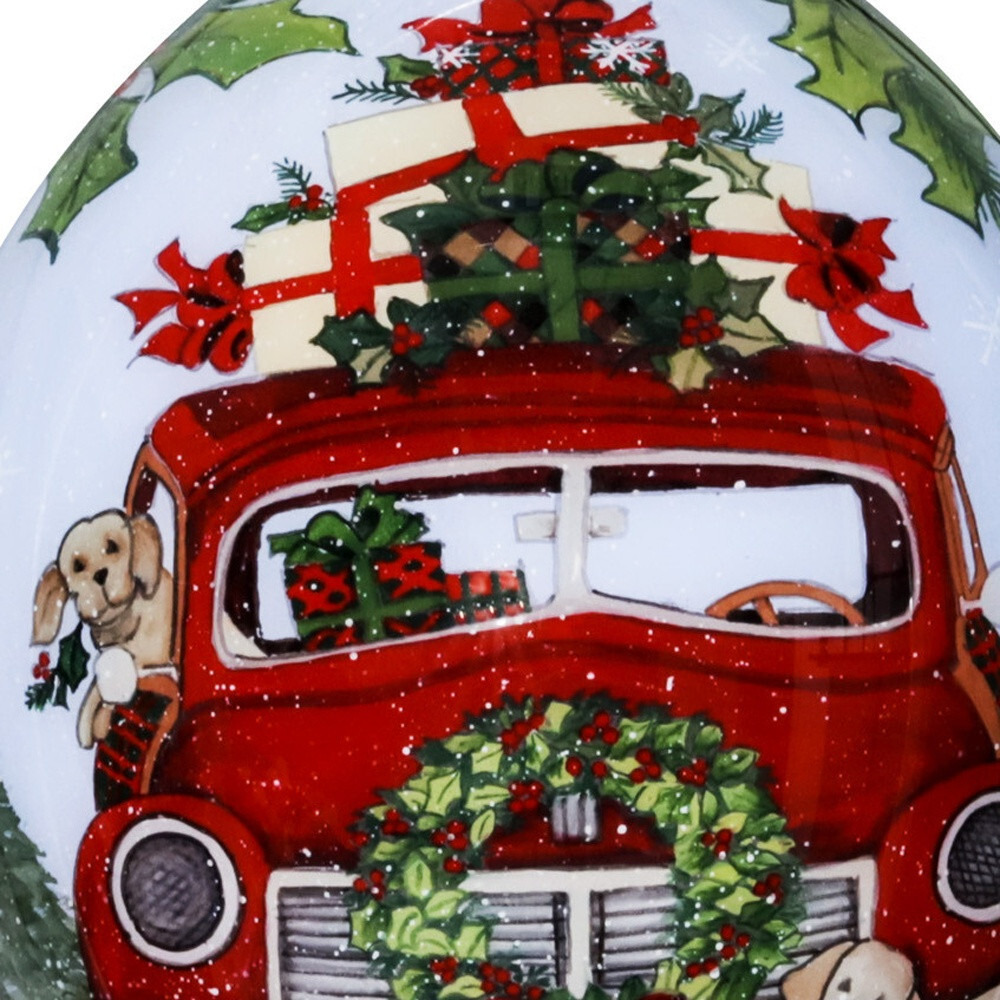 Puppy And Red Truck Christmas Wreath Hand Painted Mouth Blown Glass Ornament