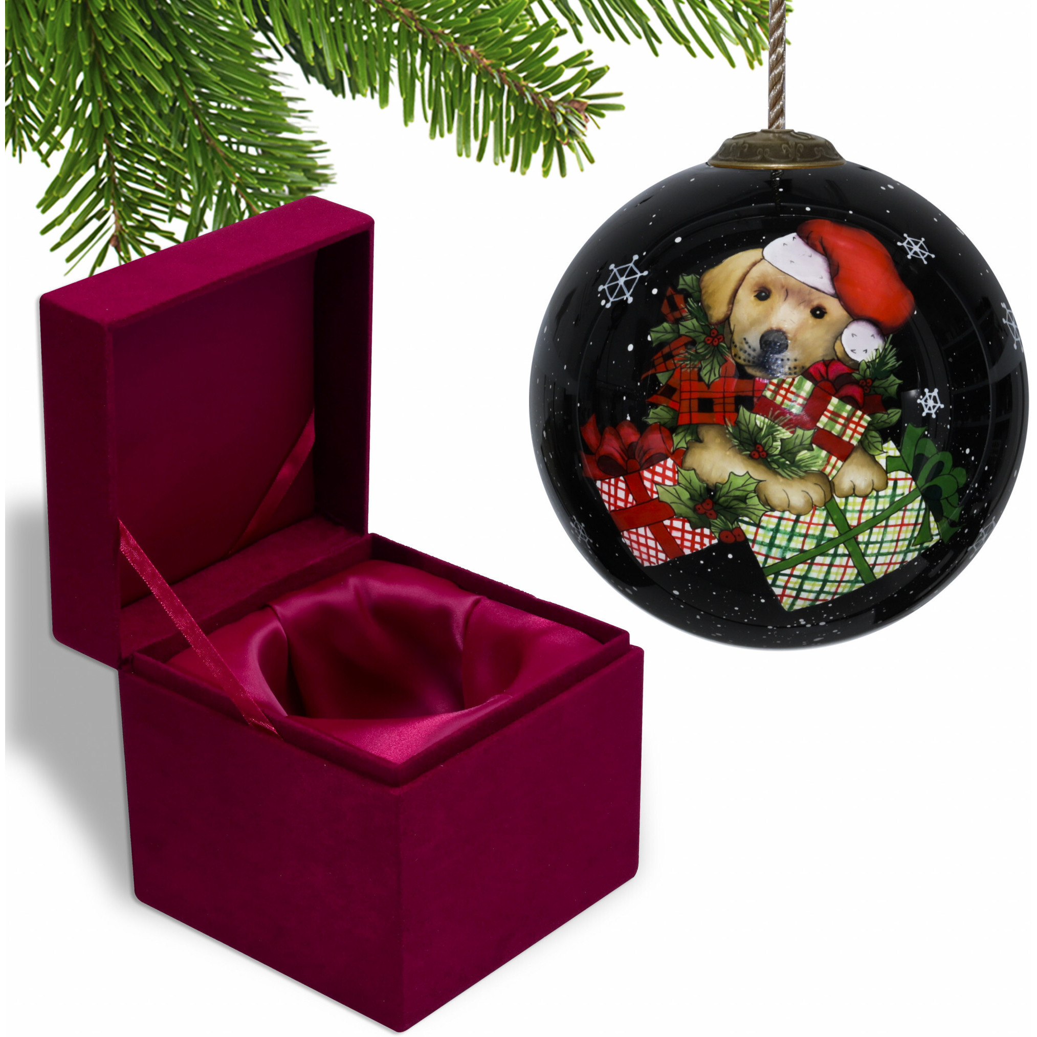 Christmas Puppy With Presents Hand Painted Mouth Blown Glass Ornament
