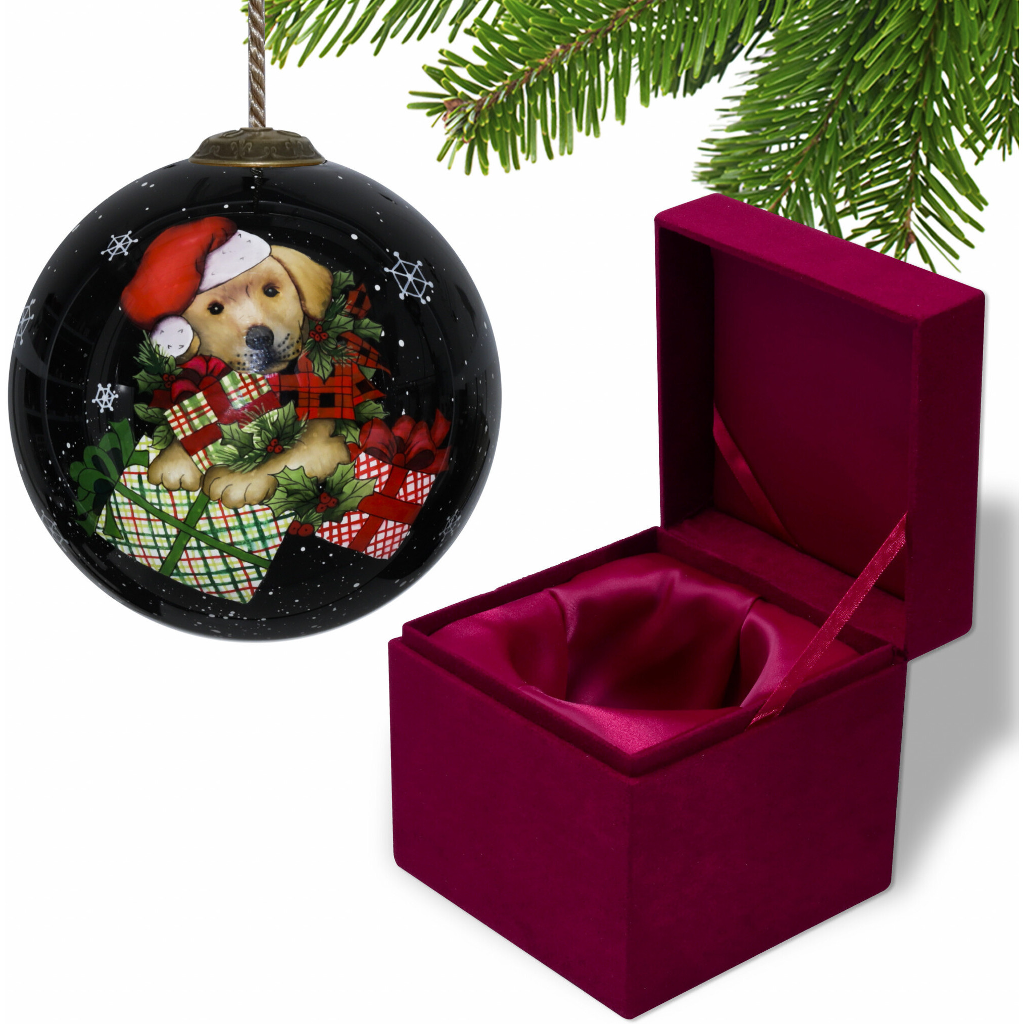 Christmas Puppy With Presents Hand Painted Mouth Blown Glass Ornament