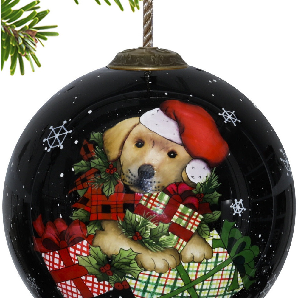 Christmas Puppy With Presents Hand Painted Mouth Blown Glass Ornament